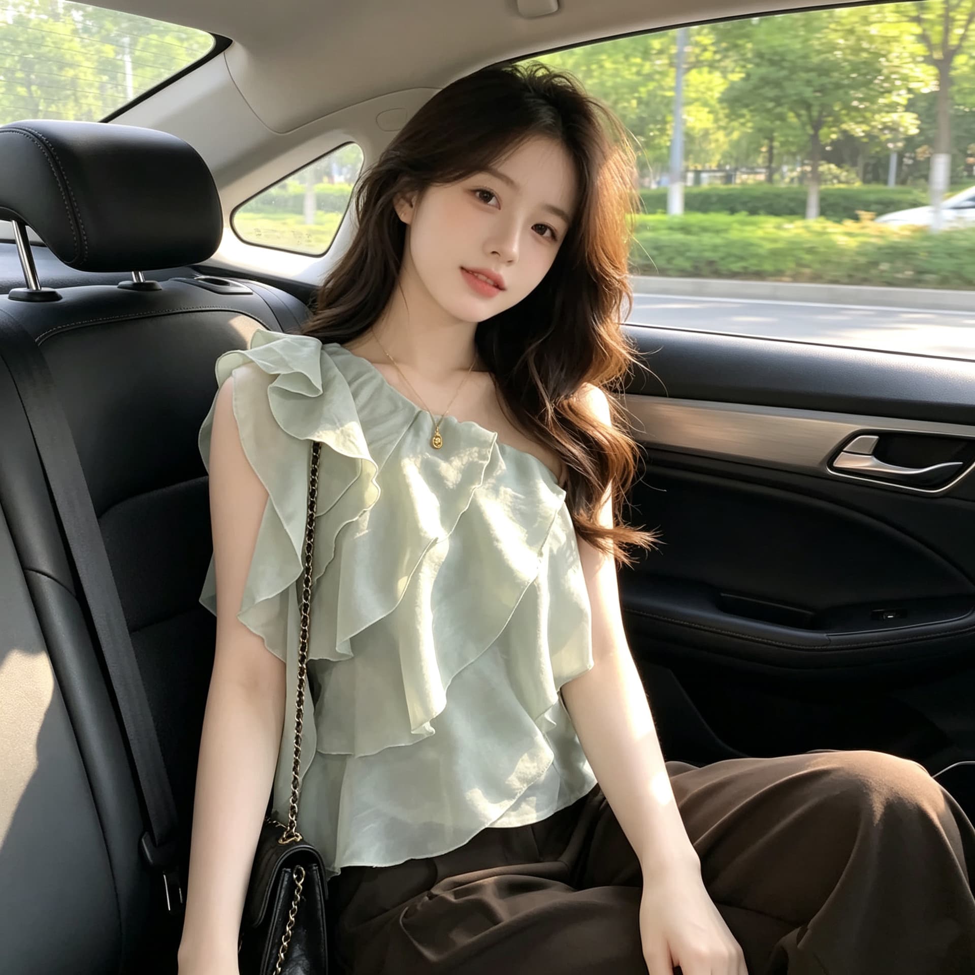 비스듬한 어깨 리본 프릴 작은 셔츠 상세 이미지 2