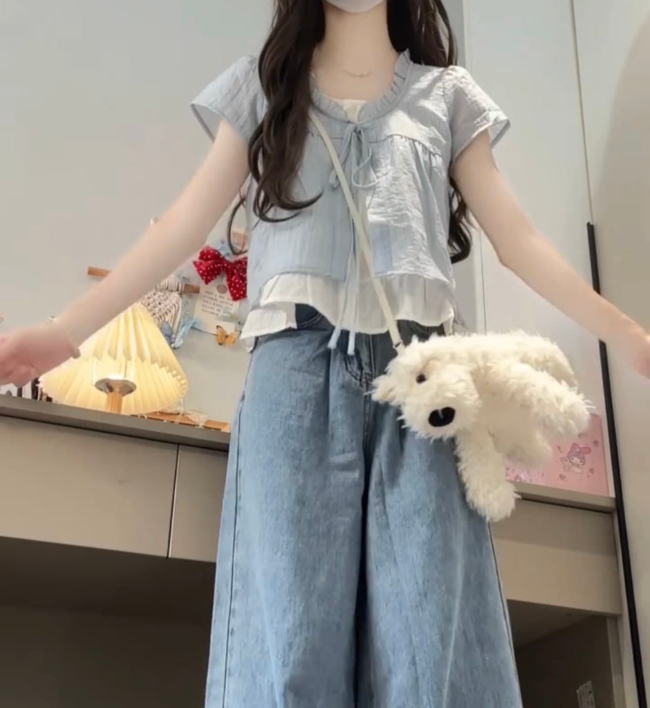 있음 선적 질감 스트라이프 페이크 레이어드 반팔 셔츠 여성 작은 키 부드러운 레이스 칼라 작은 셔츠 이미지 5
