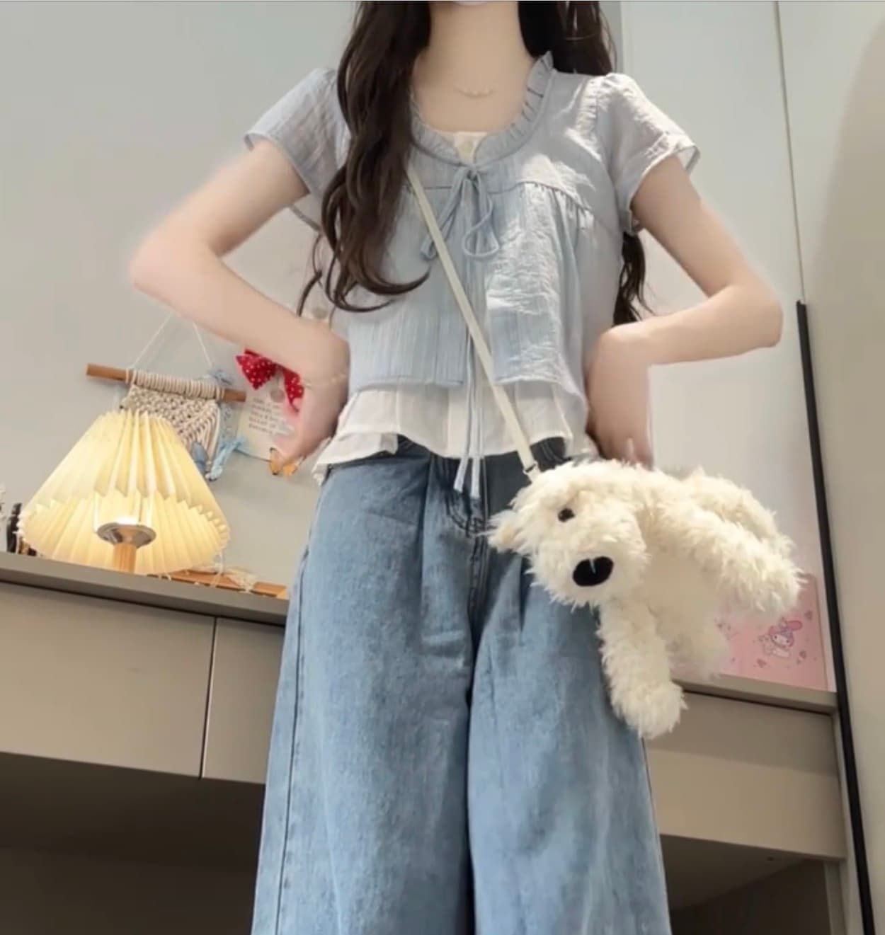 있음 선적 질감 스트라이프 페이크 레이어드 반팔 셔츠 여성 작은 키 부드러운 레이스 칼라 작은 셔츠 상세 이미지 4