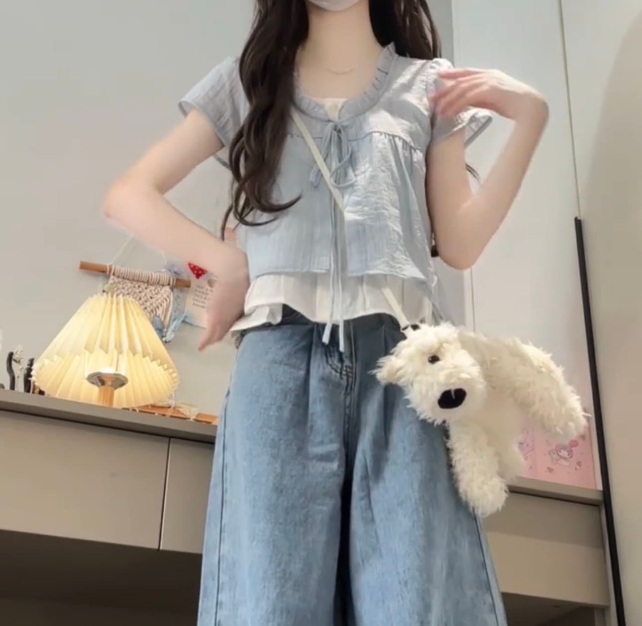 있음 선적 질감 스트라이프 페이크 레이어드 반팔 셔츠 여성 작은 키 부드러운 레이스 칼라 작은 셔츠 상세 이미지 6
