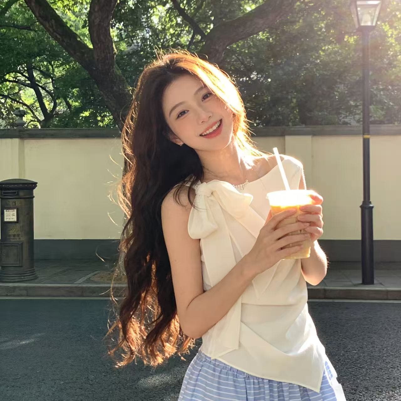 있음 선적 나비 매듭 리본 민소매 조끼 셔츠 상세 이미지 3