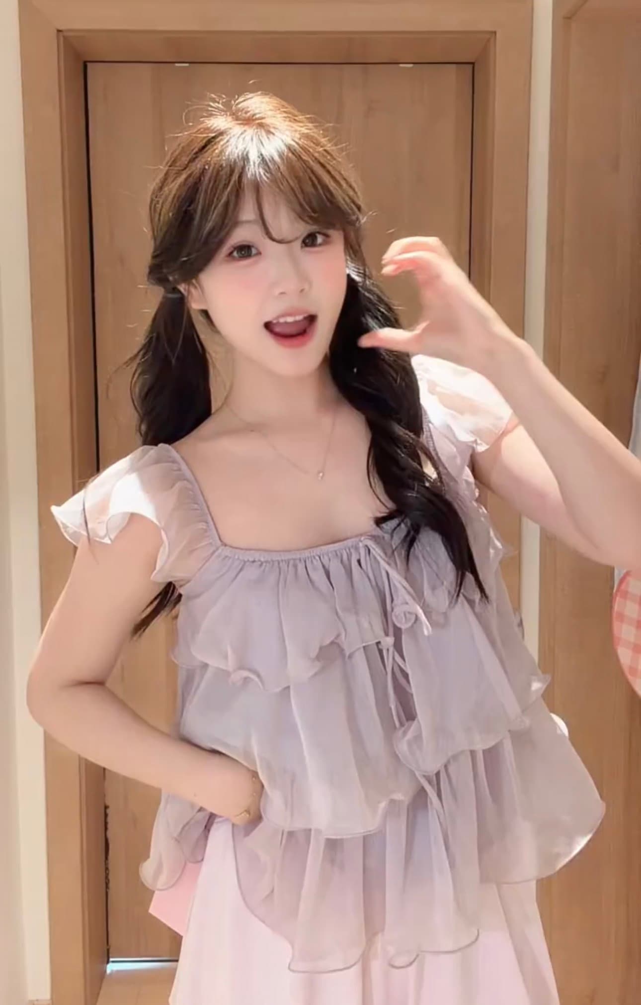 보라색 프릴 쉬폰 셔츠 이미지 2
