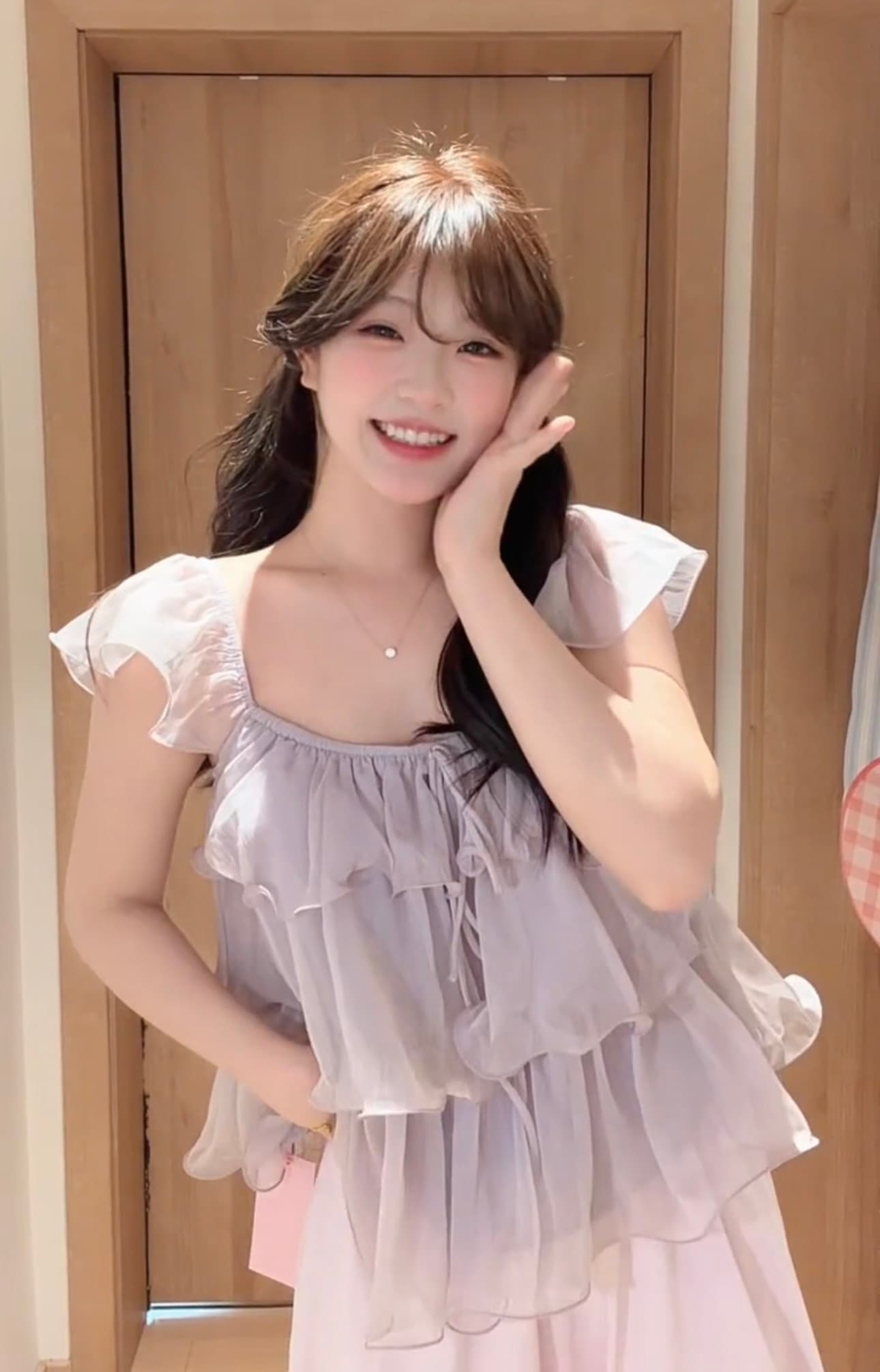 보라색 프릴 쉬폰 셔츠 상세 이미지 3