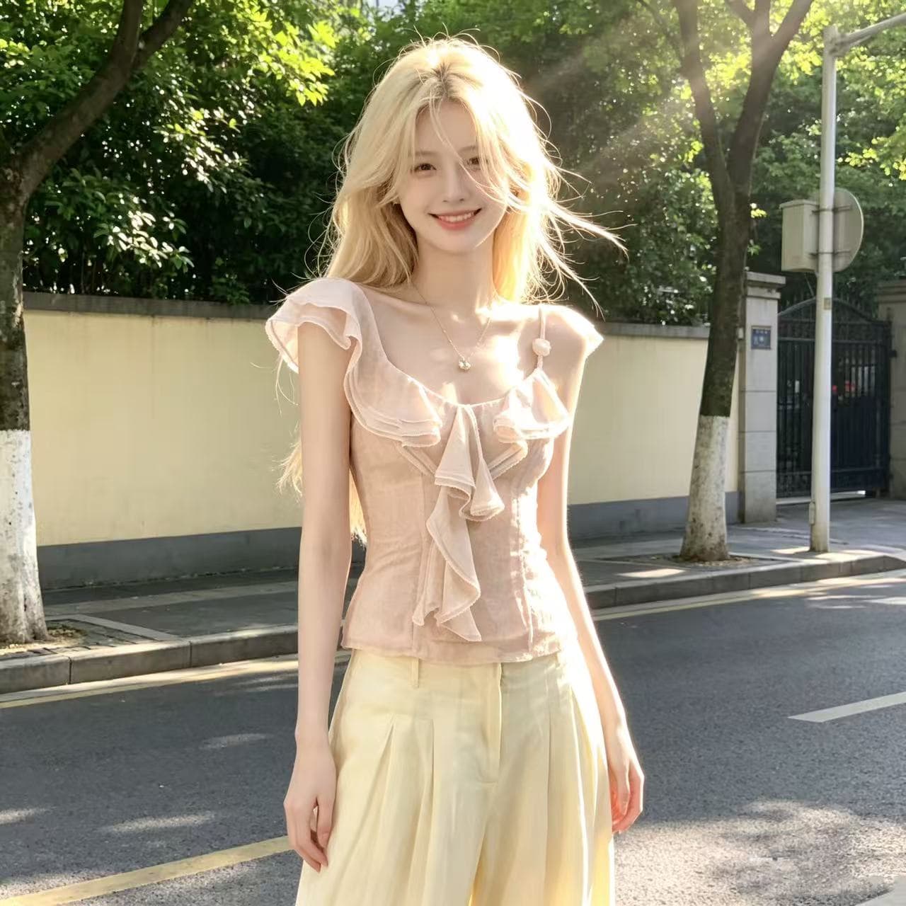 꽃무늬 웨이브 칼라 휴가 바람 비즈 순수한 욕망 캐미솔 상세 이미지 5
