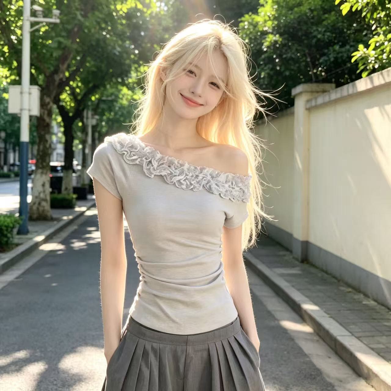 있음 선적 순수한 욕망 다중 레이어 레이스 비스듬한 어깨 티셔츠 상세 이미지 1