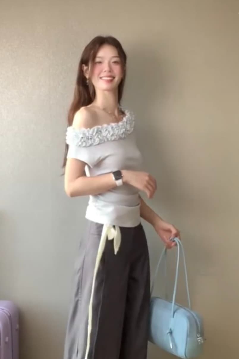 있음 선적 순수한 욕망 다중 레이어 레이스 비스듬한 어깨 티셔츠 이미지 7