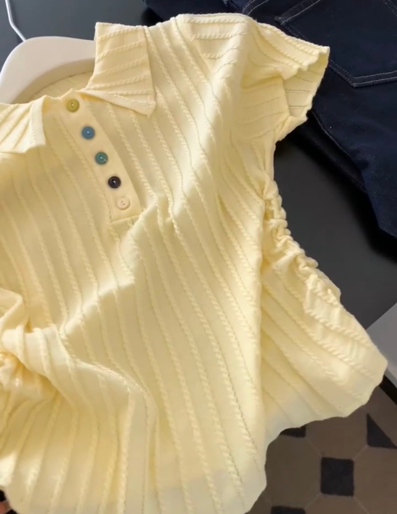 POLO 칼라 작은 셔츠 우유 황색 니트 반팔 티셔츠 이미지 5