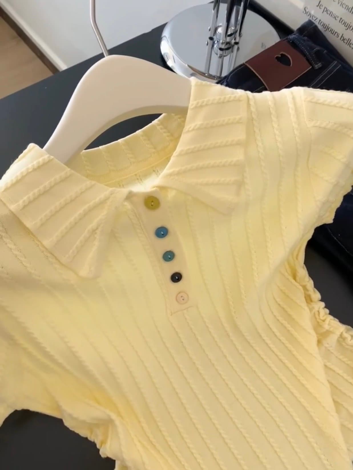 POLO 칼라 작은 셔츠 우유 황색 니트 반팔 티셔츠 상세 이미지 2