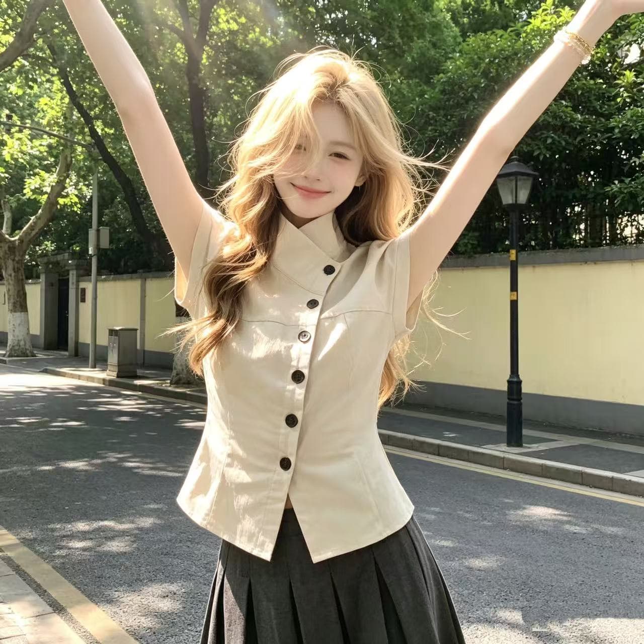 디자인 센스 스탠드 칼라 단추 반팔 셔츠 상세 이미지 2