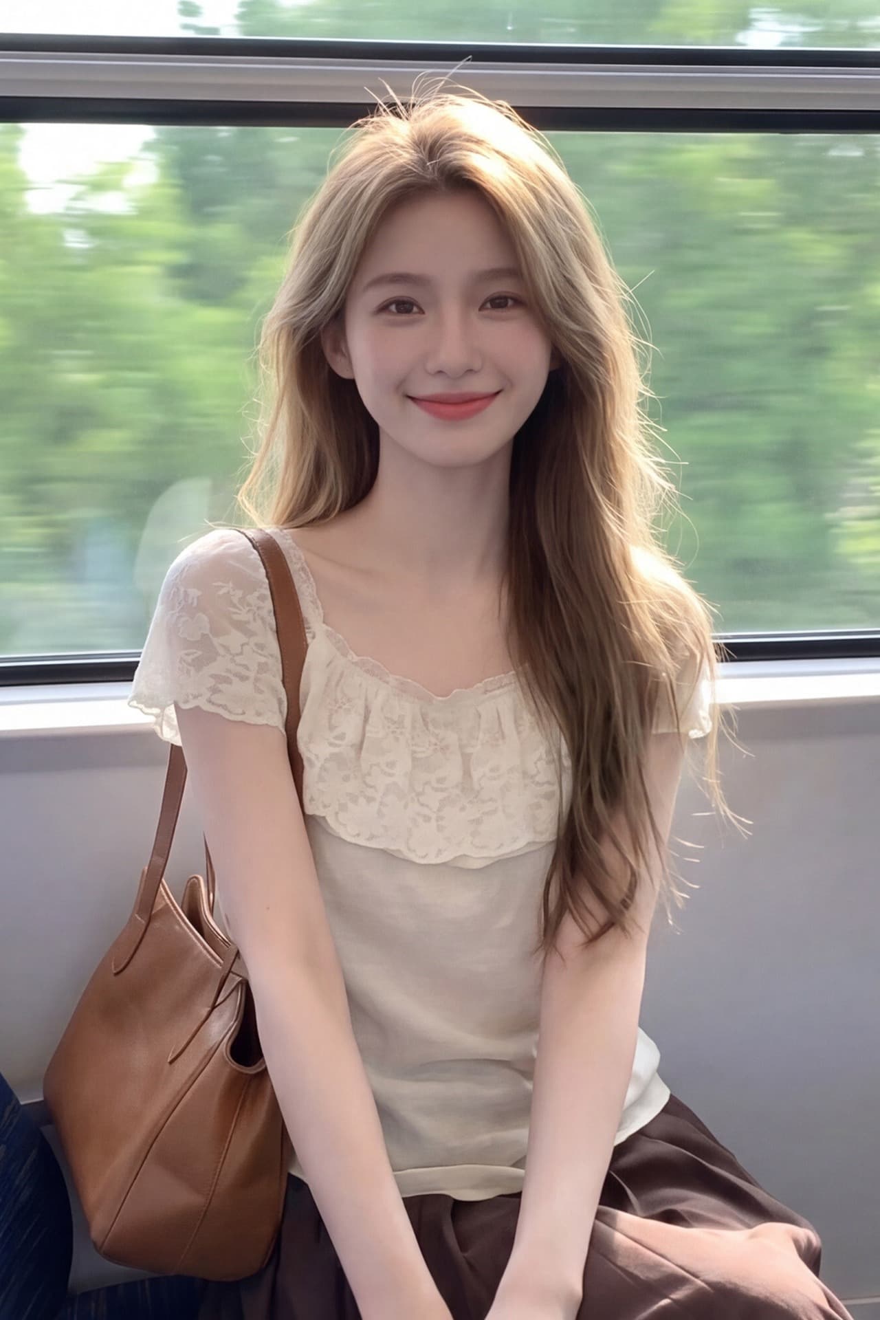 베이지 색 레이스 프릴 반팔 여성 셔츠 이미지 6