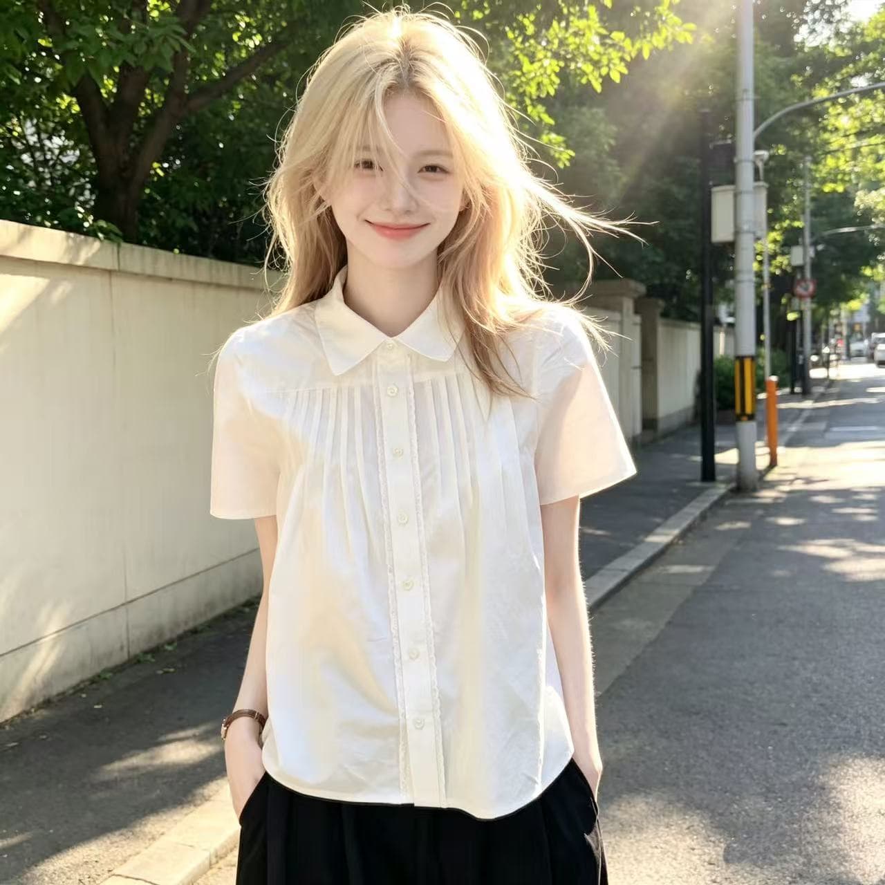 화이트 탑 그램 Pleat 셔츠