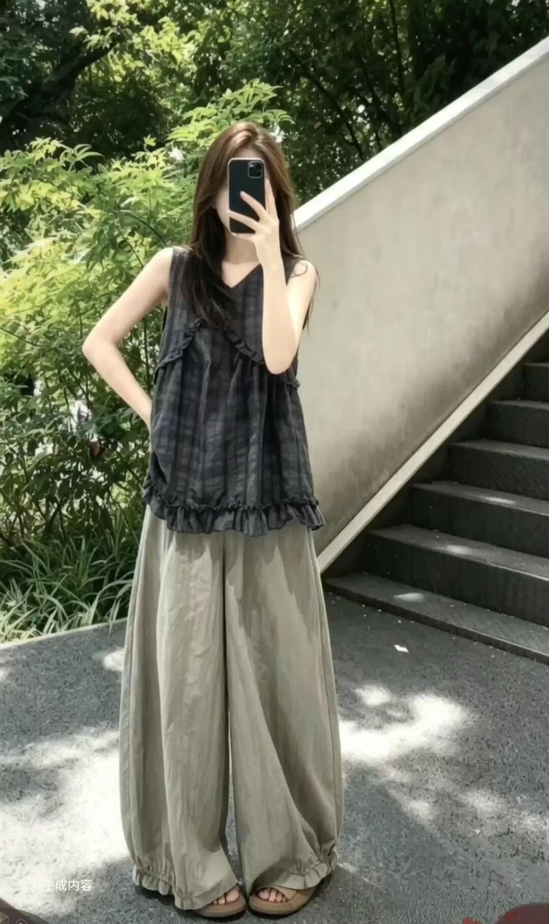 프랑스식 V넥 프릴 체크무늬 조끼 셔츠 이미지 2