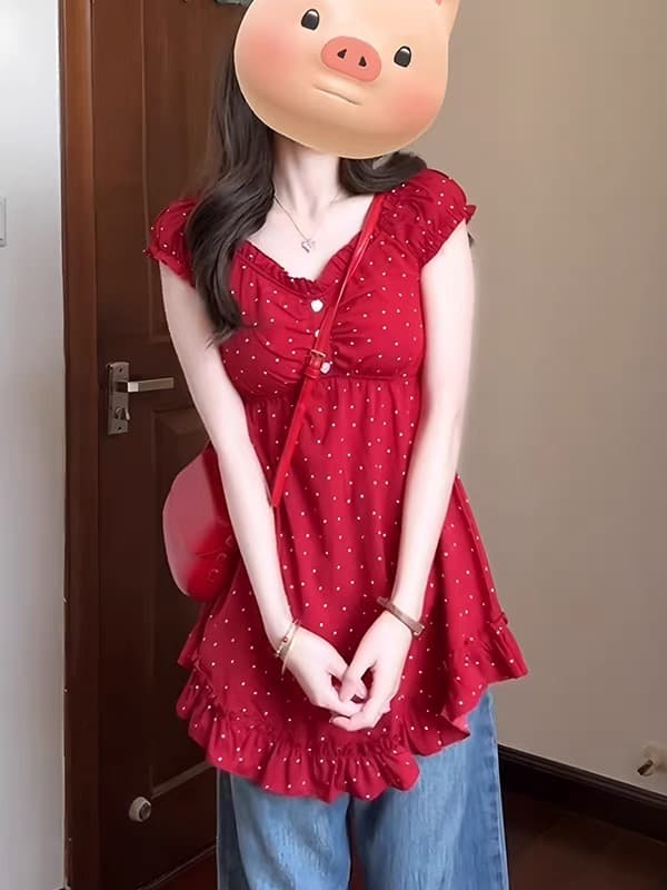 있음 선적 프랑스식 레트로 빨간색 도트 무늬 쉬폰 조끼 스커트 상세 이미지 3