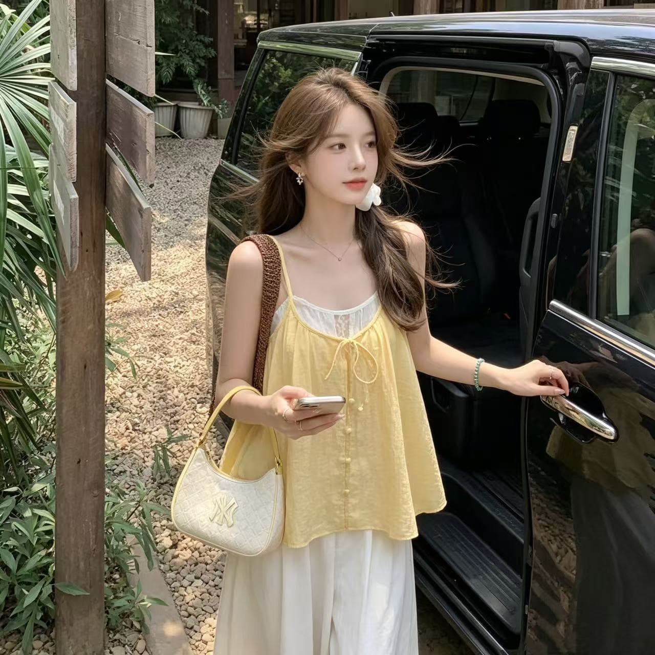 꼰 로프 캐미솔 레이스 꽃 연주 중 기사 민소매 맨위 주첸 투피스 슈트 이미지 5