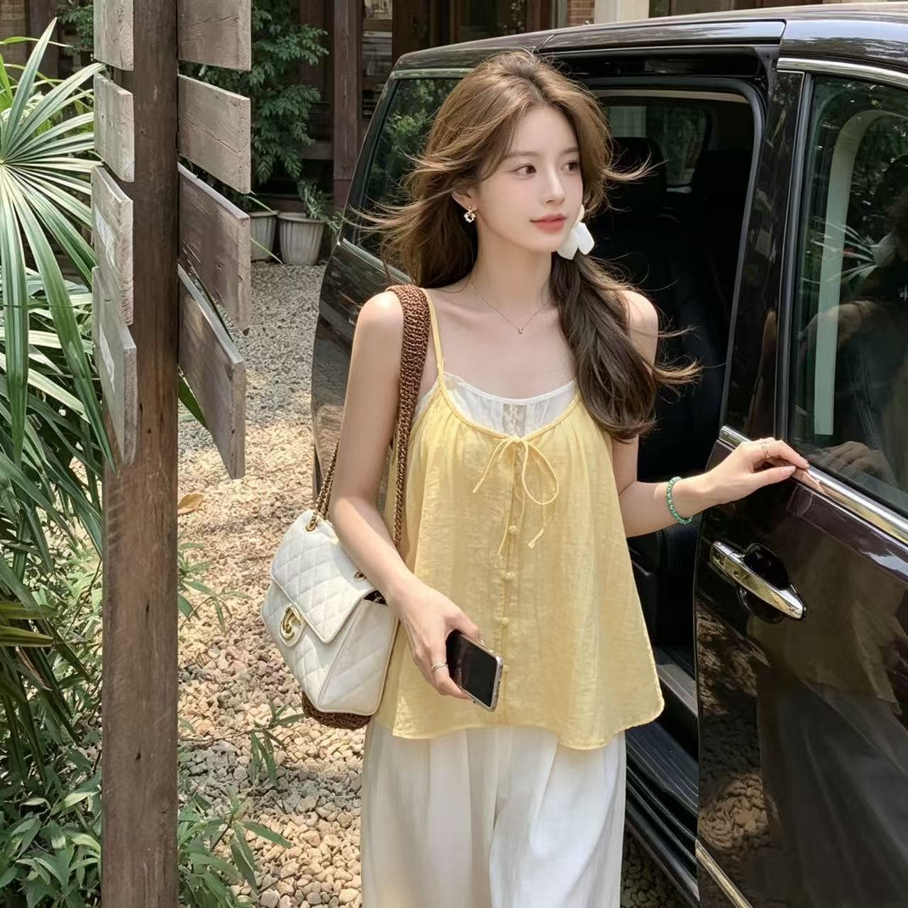 꼰 로프 캐미솔 레이스 꽃 연주 중 기사 민소매 맨위 주첸 투피스 슈트 상세 이미지 2