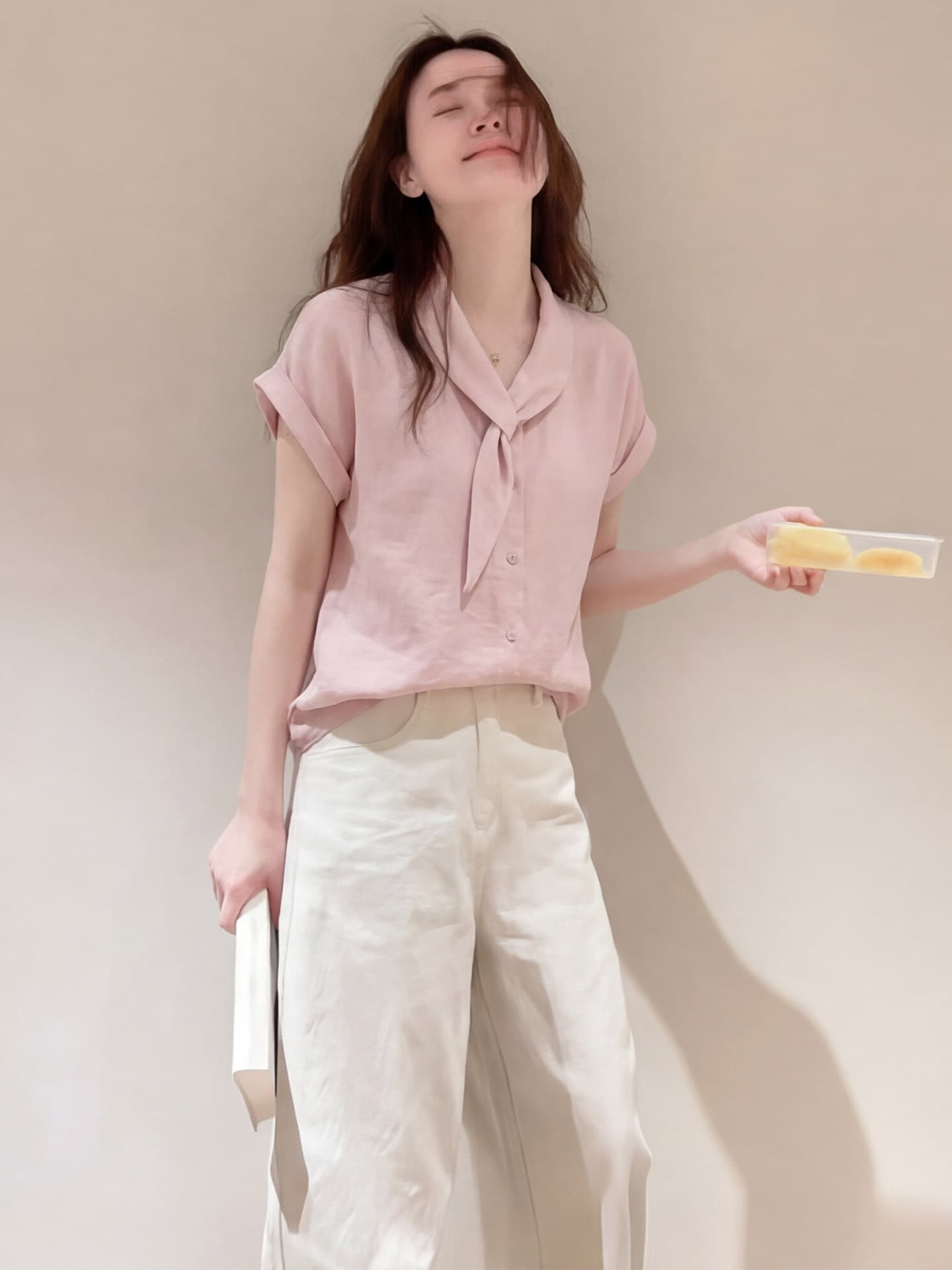 핑크색 리본 반팔 셔츠 상세 이미지 2