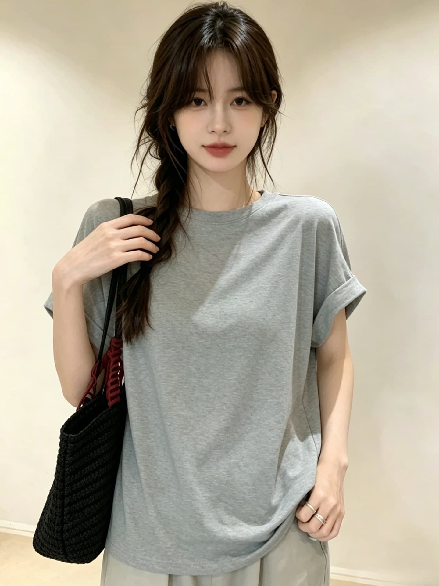 회색 뒤로 홀로우 아웃 라운드 넥 반팔 티셔츠 이미지 3