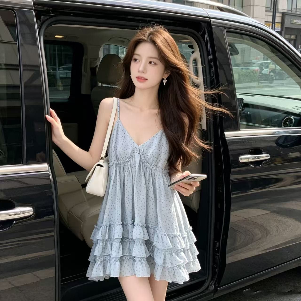도트 무늬 V넥 목이버섯 레이스 밑단 슬립 상세 이미지 1