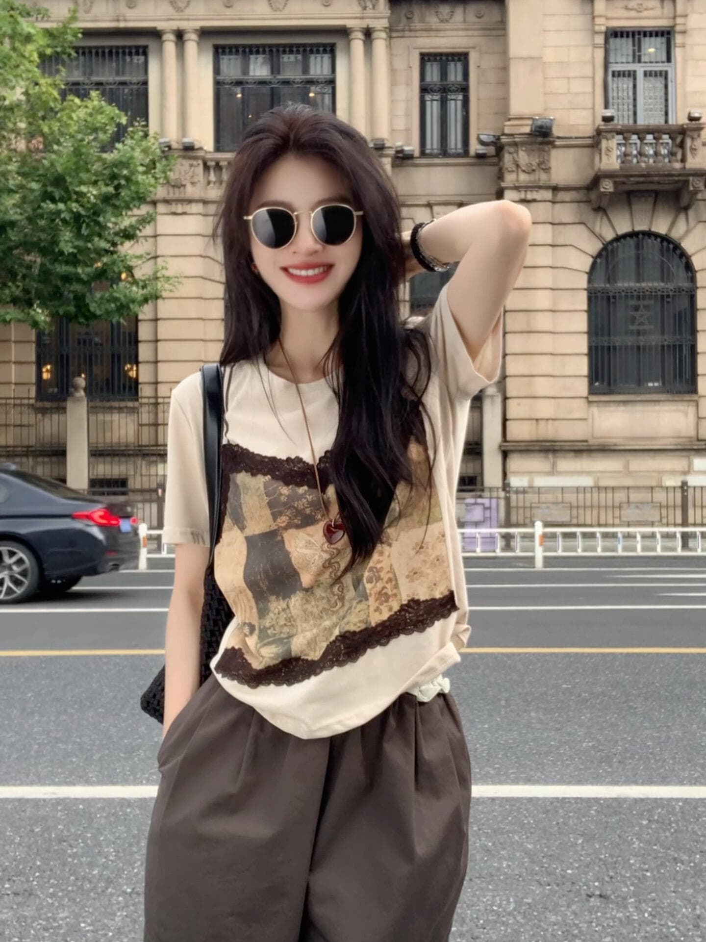 페이크 레이어드 레이스 조각 프린트 반팔 티셔츠 상세 이미지 1
