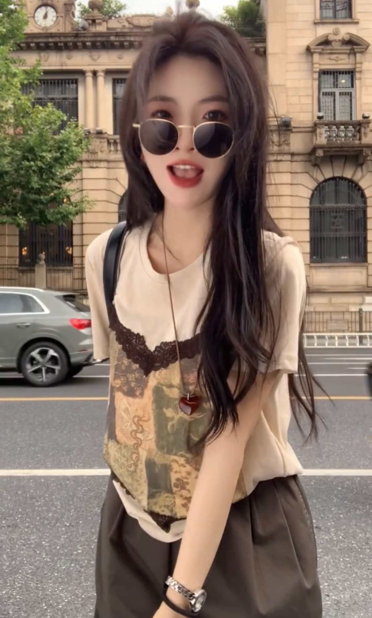 페이크 레이어드 레이스 조각 프린트 반팔 티셔츠 상세 이미지 2