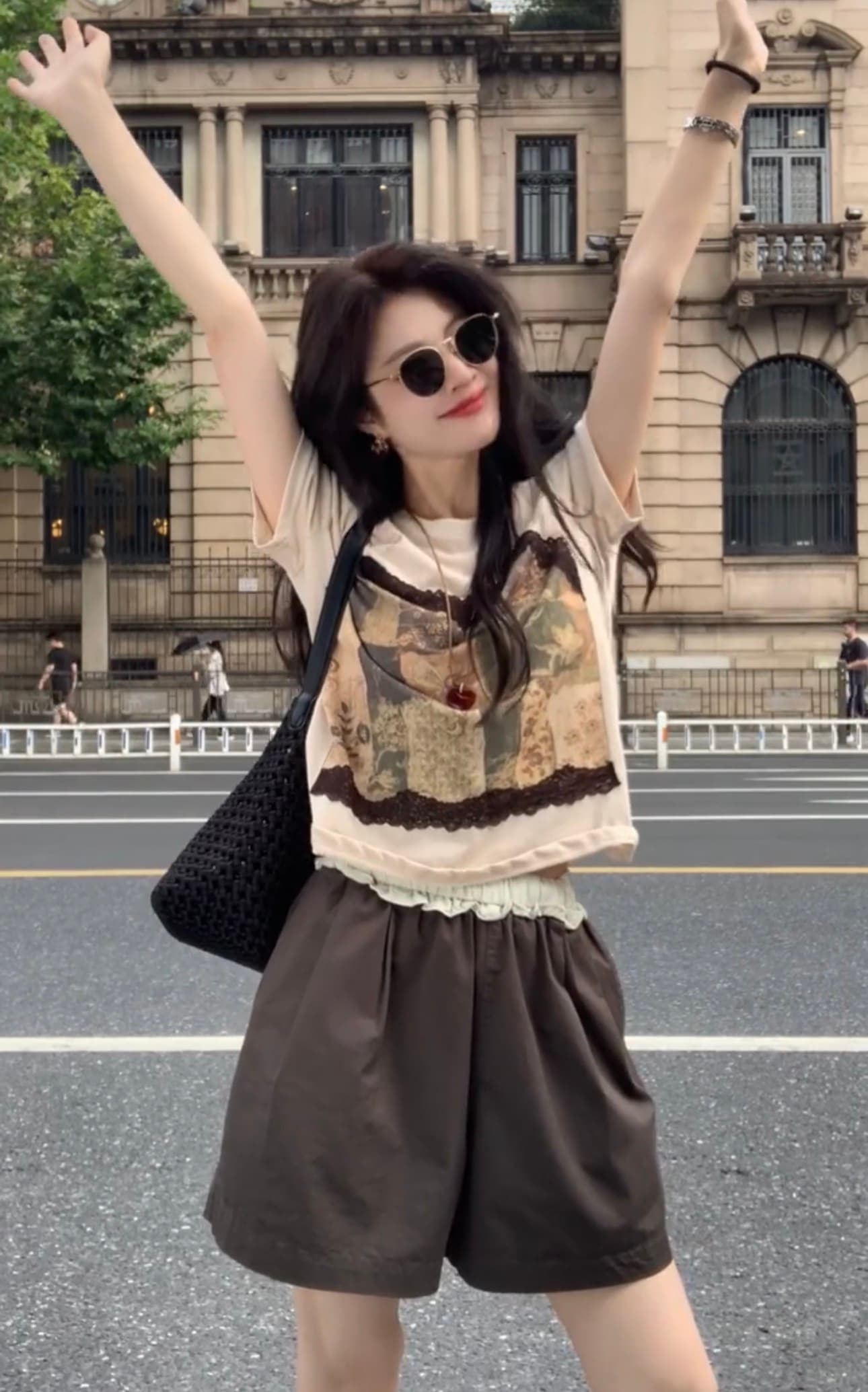 페이크 레이어드 레이스 조각 프린트 반팔 티셔츠 상세 이미지 7