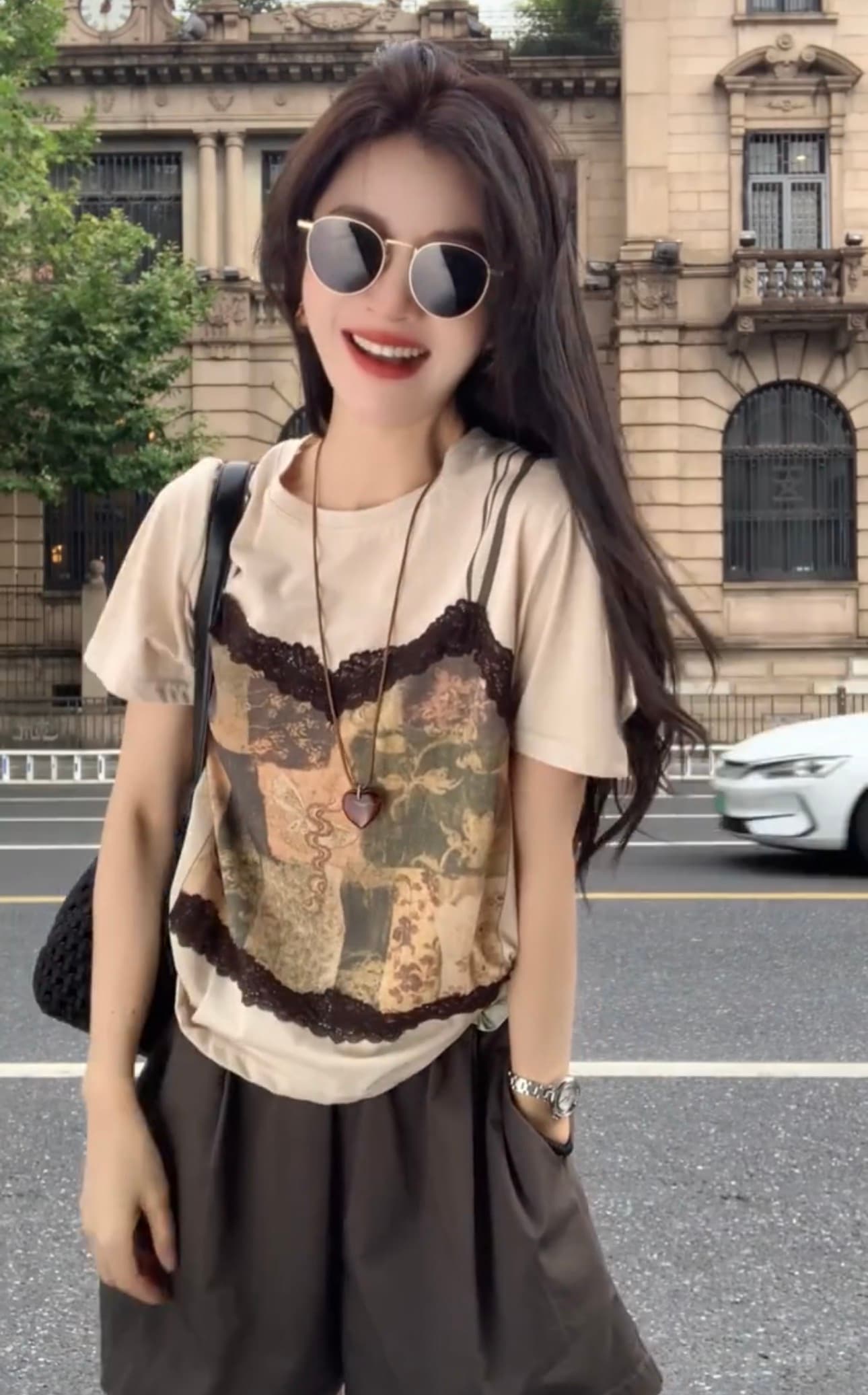 페이크 레이어드 레이스 조각 프린트 반팔 티셔츠 상세 이미지 10