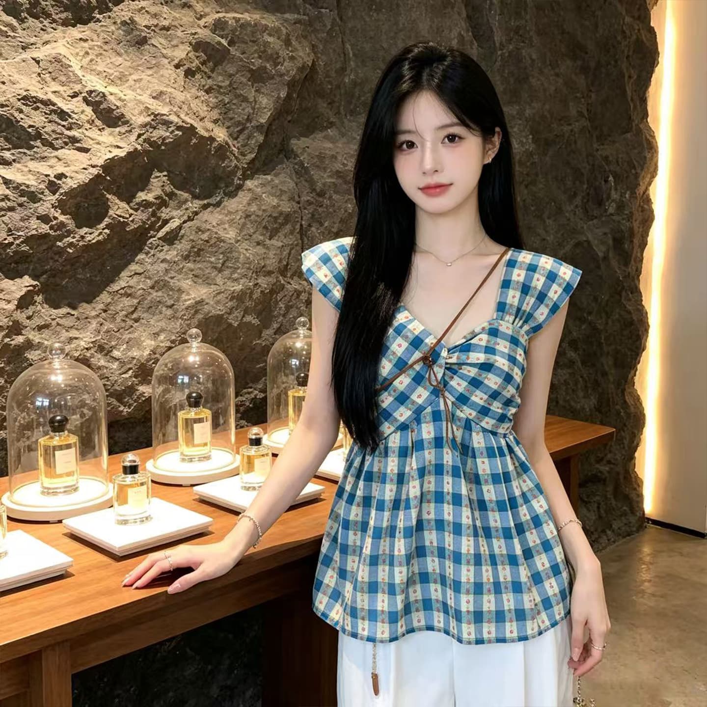 있음 선적 비틀림 꽃무늬 체크무늬 캐미솔