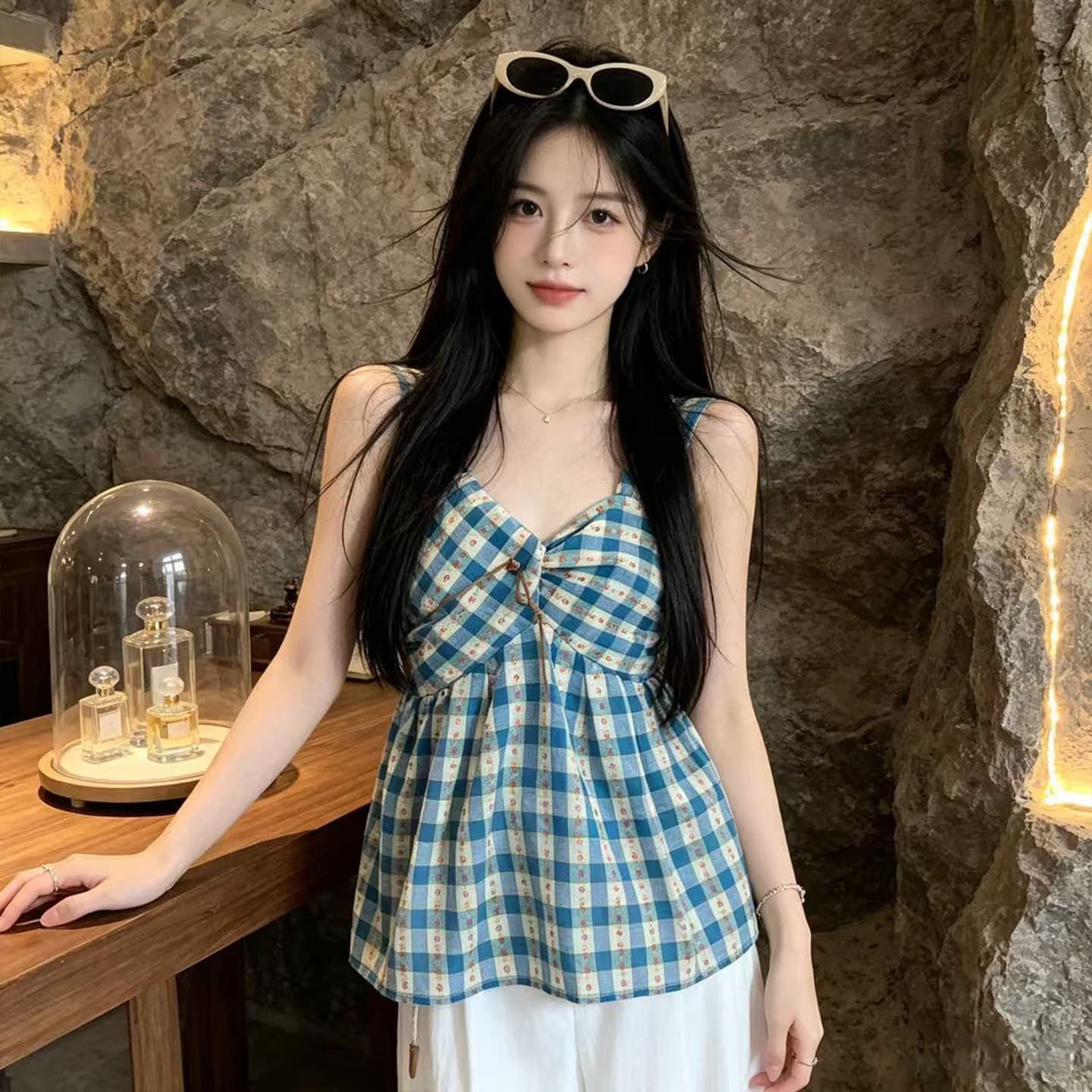 있음 선적 비틀림 꽃무늬 체크무늬 캐미솔 이미지 5