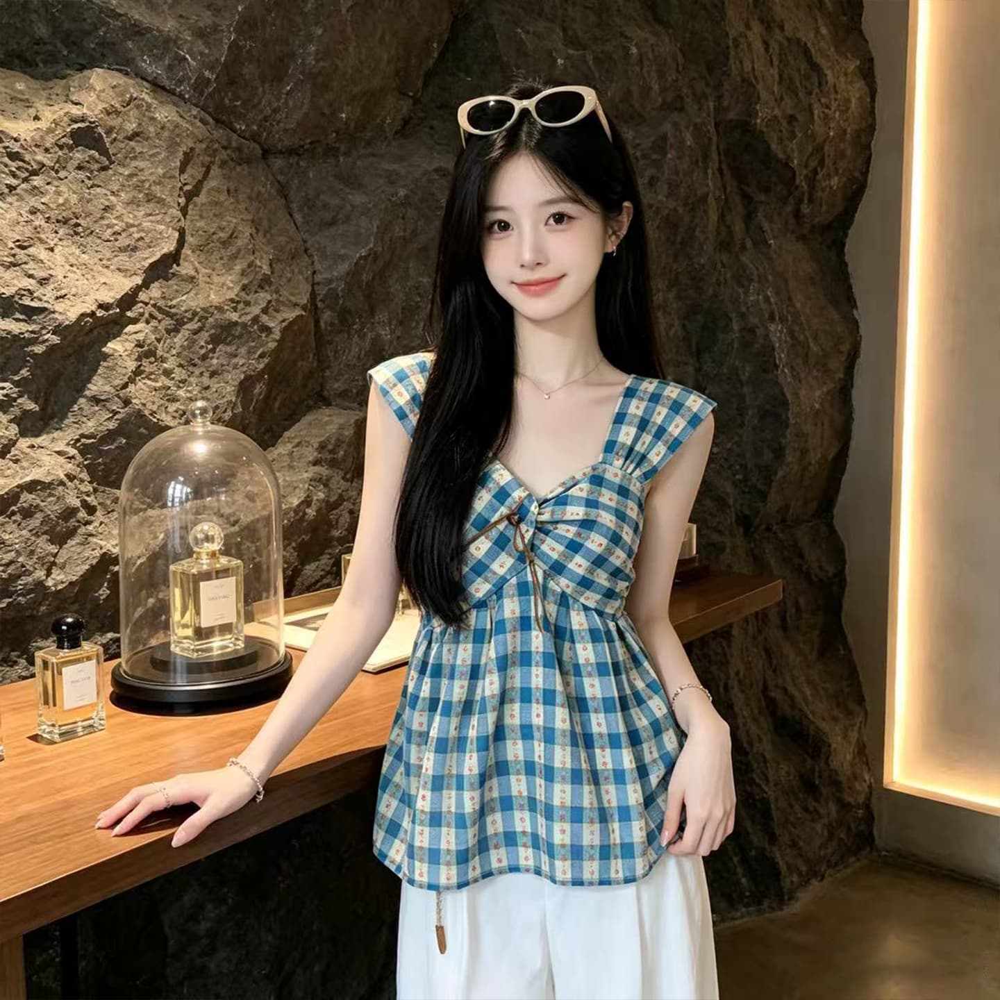 있음 선적 비틀림 꽃무늬 체크무늬 캐미솔 상세 이미지 1