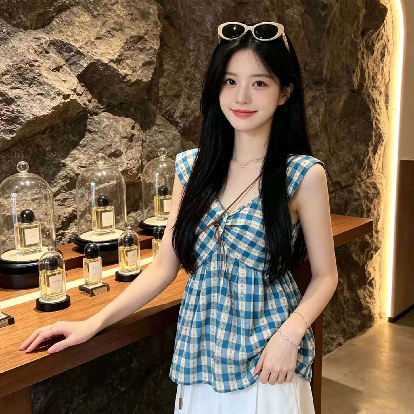 있음 선적 비틀림 꽃무늬 체크무늬 캐미솔 상세 이미지 5