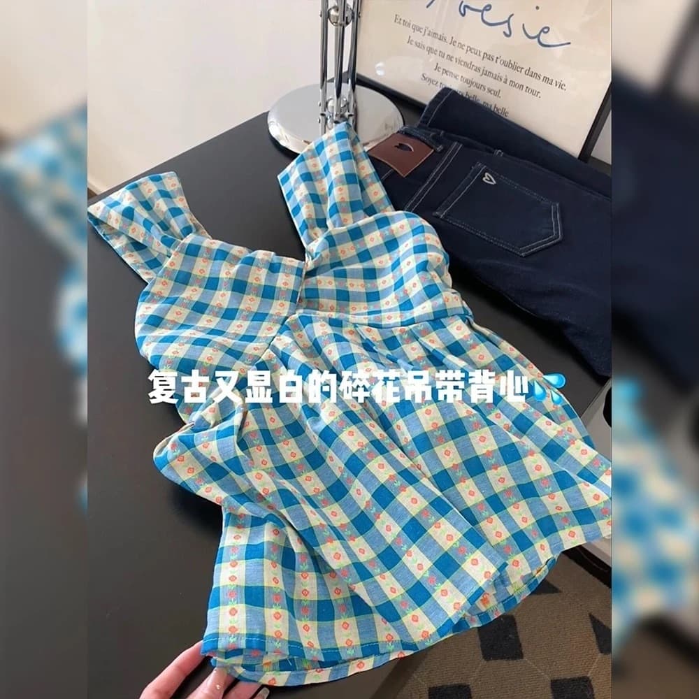 있음 선적 파란색 비틀림 꽃무늬 체크무늬 캐미솔 상세 이미지 1