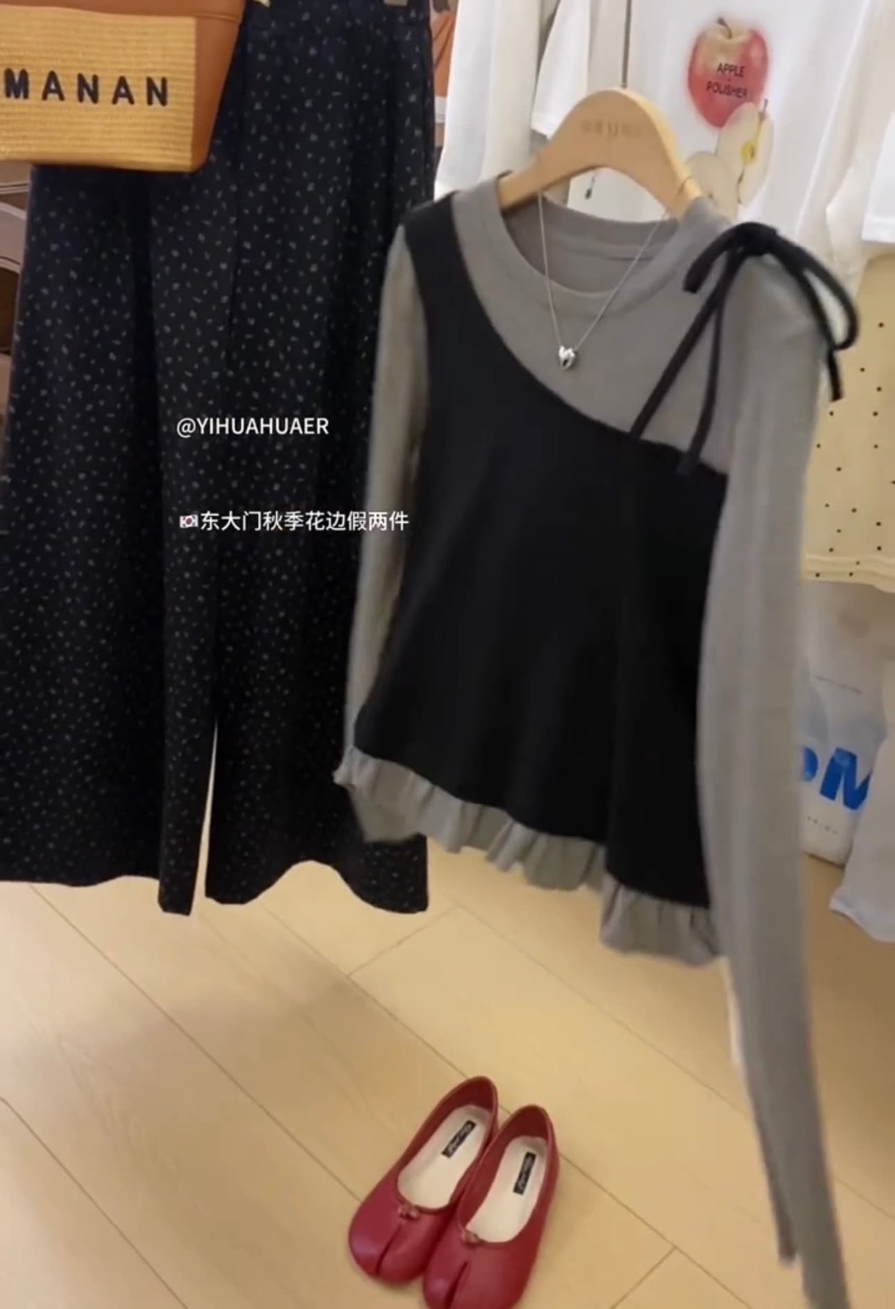 있음 선적 디자인 센스 불규칙 패치워크 페이크 레이어드 긴팔 티셔츠 여성 상세 이미지 3