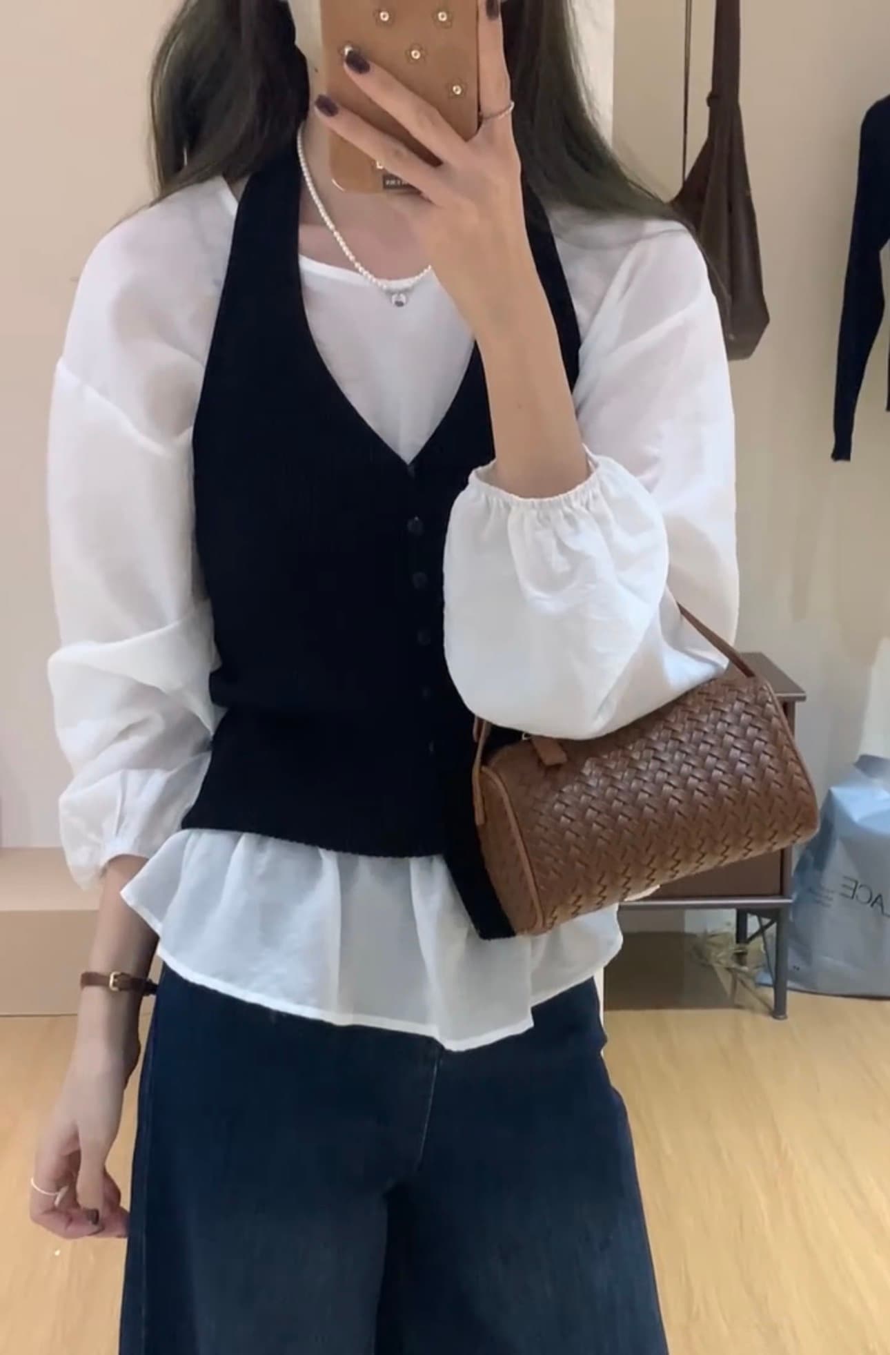 있음 선적 벌룬 소매 셔츠 긴팔 행침 목 슬립 투피스 세트 이미지 3