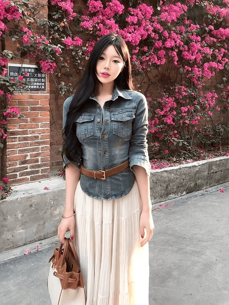 있음 선적 패션 세트 레트로 데님 허리 수축 재킷 여성 의류 봄 가을 루즈핏 도루 센스 반신 스커트 투피스 세트 상세 이미지 1