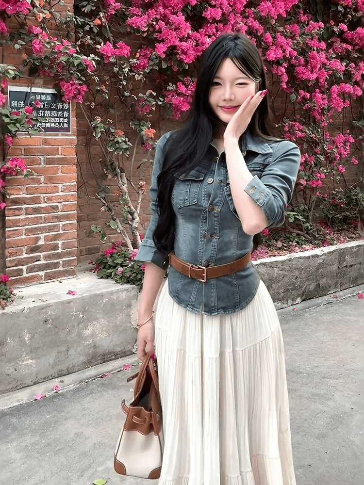 있음 선적 패션 세트 레트로 데님 허리 수축 재킷 여성 의류 봄 가을 루즈핏 도루 센스 반신 스커트 투피스 세트 상세 이미지 9