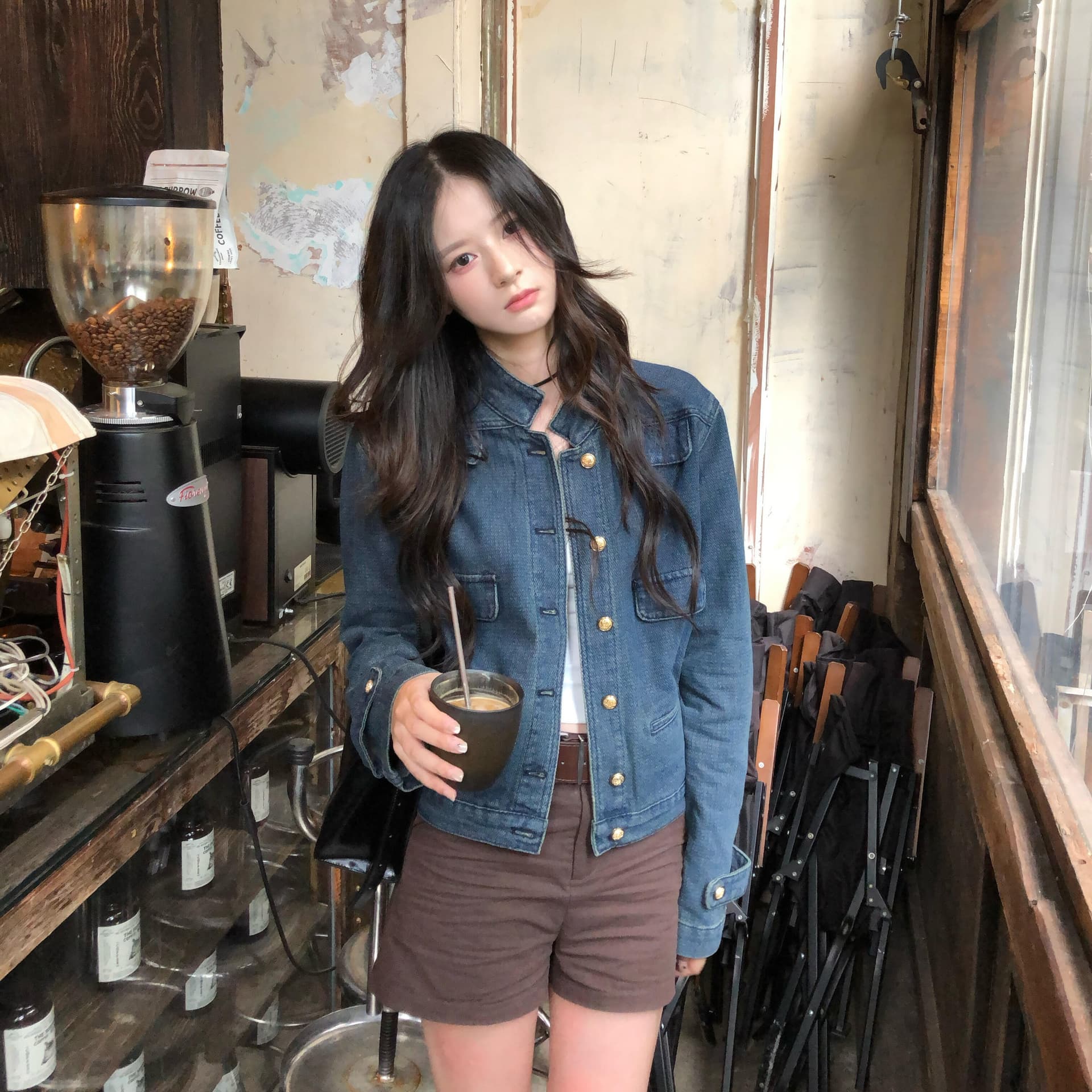 있음 선적 파란색 데님 재킷 봄 가을 워싱 루즈핏 작은 키 쇼트 스타일 중 고대 돈 바람 재킷 이미지 3