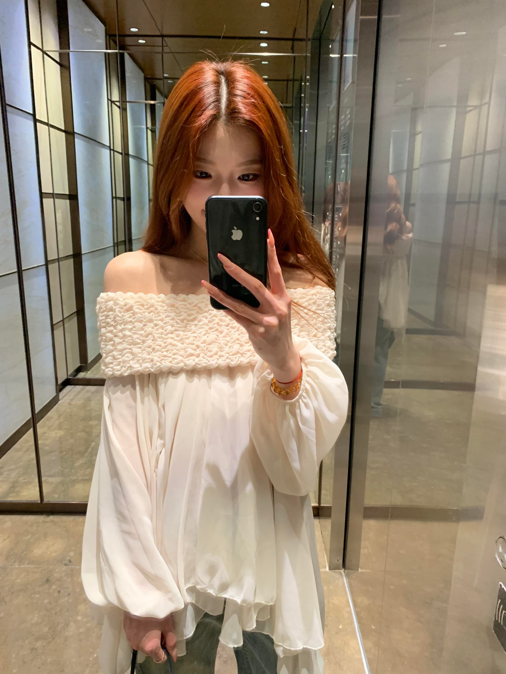 있음 선적 프릴 연인 디자인 센스 요정 달콤함 무거운 작업 주름 보트넥 오프숄더 쉬폰 블라우스 맨위 이미지 3