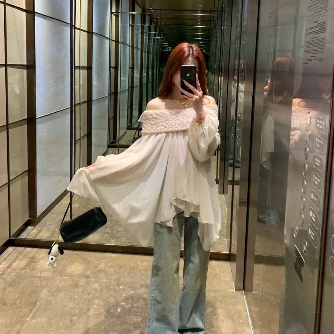 있음 선적 프릴 연인 디자인 센스 요정 달콤함 무거운 작업 주름 보트넥 오프숄더 쉬폰 블라우스 맨위 이미지 6