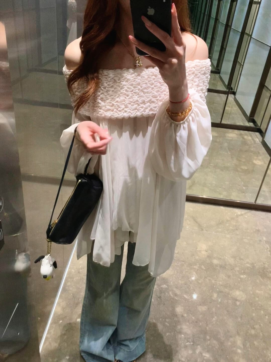있음 선적 프릴 연인 디자인 센스 요정 달콤함 무거운 작업 주름 보트넥 오프숄더 쉬폰 블라우스 맨위 상세 이미지 13