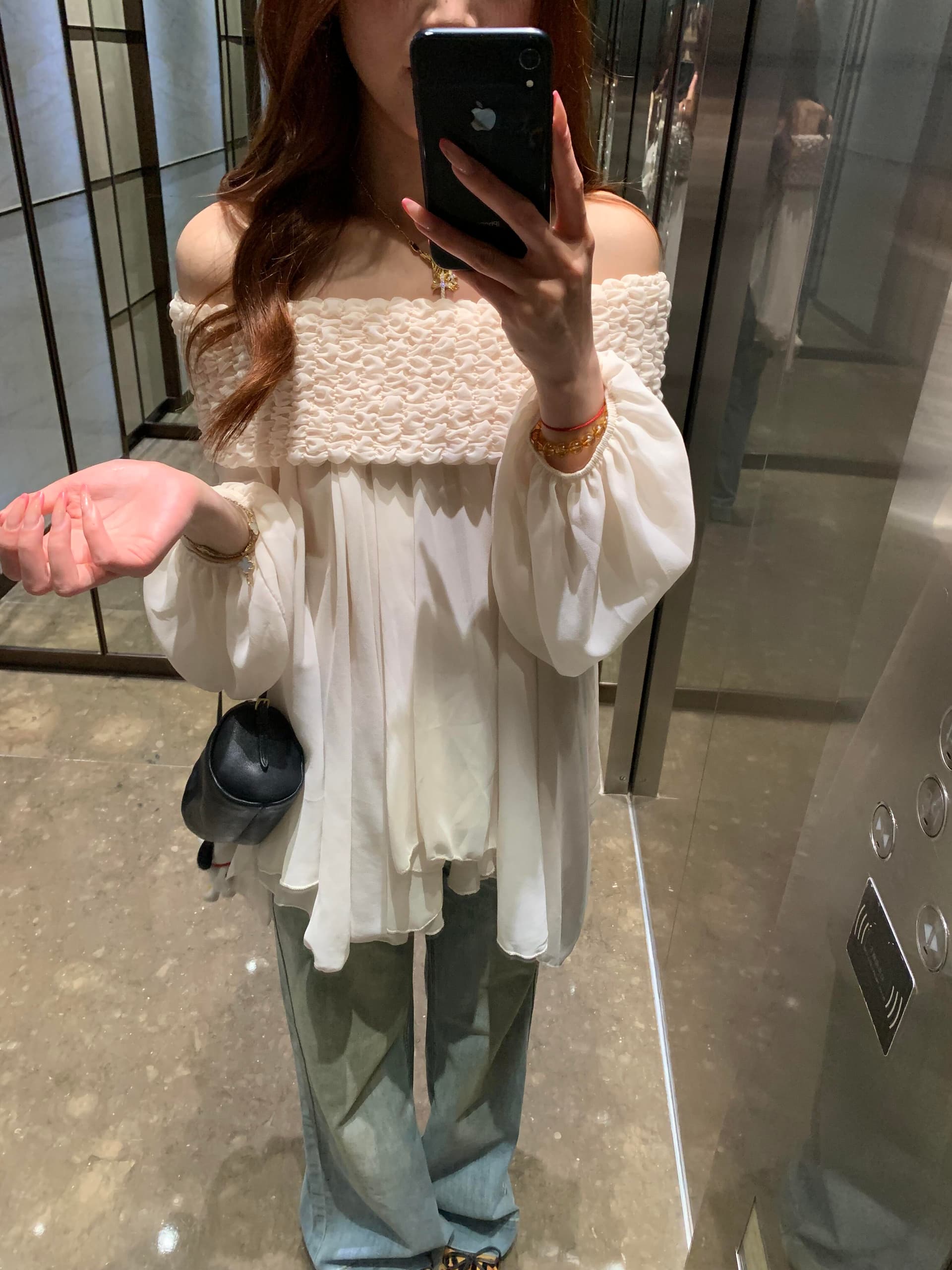 있음 선적 프릴 연인 디자인 센스 요정 달콤함 무거운 작업 주름 보트넥 오프숄더 쉬폰 블라우스 맨위 상세 이미지 14