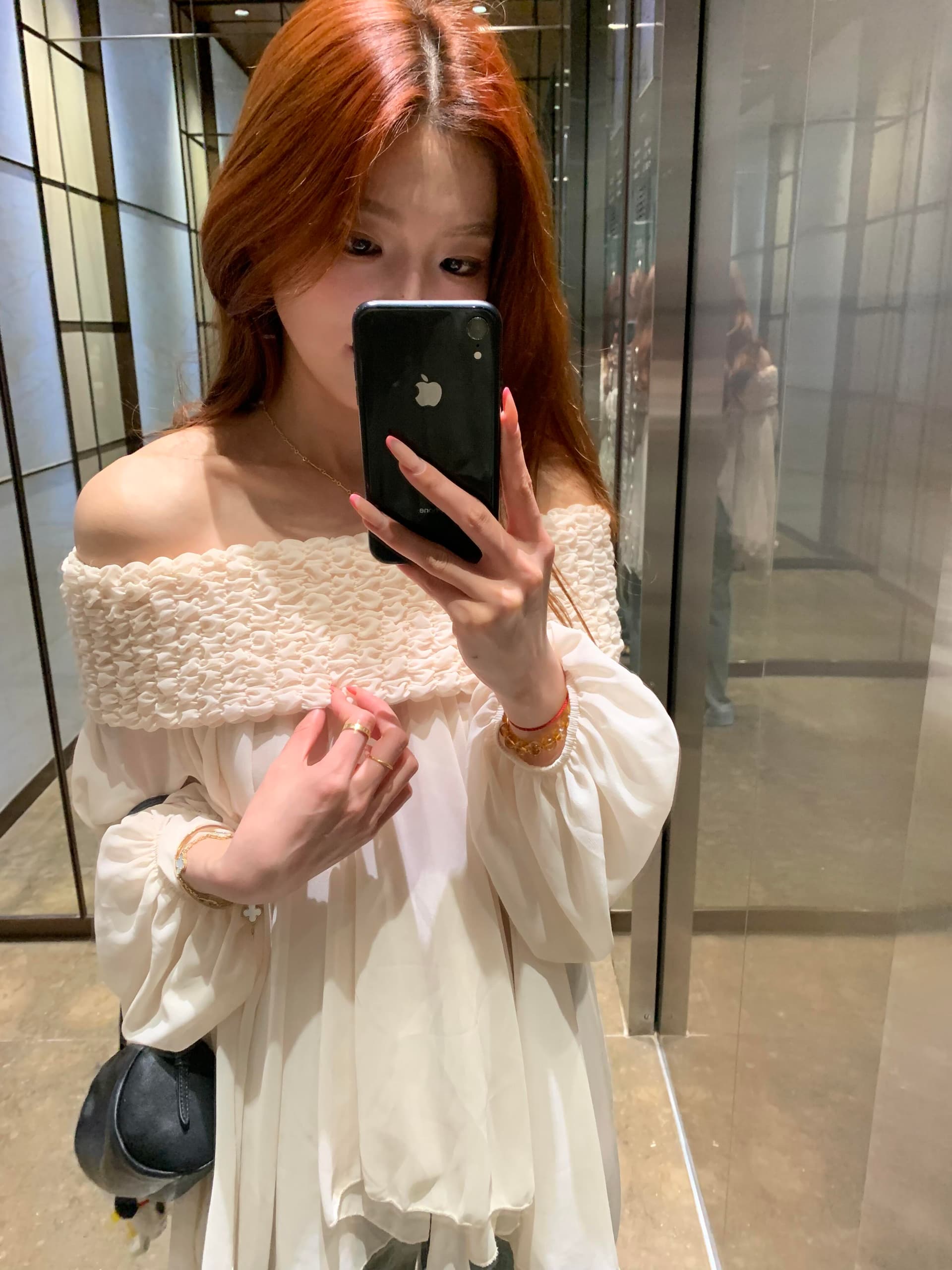 있음 선적 프릴 연인 디자인 센스 요정 달콤함 무거운 작업 주름 보트넥 오프숄더 쉬폰 블라우스 맨위 상세 이미지 22