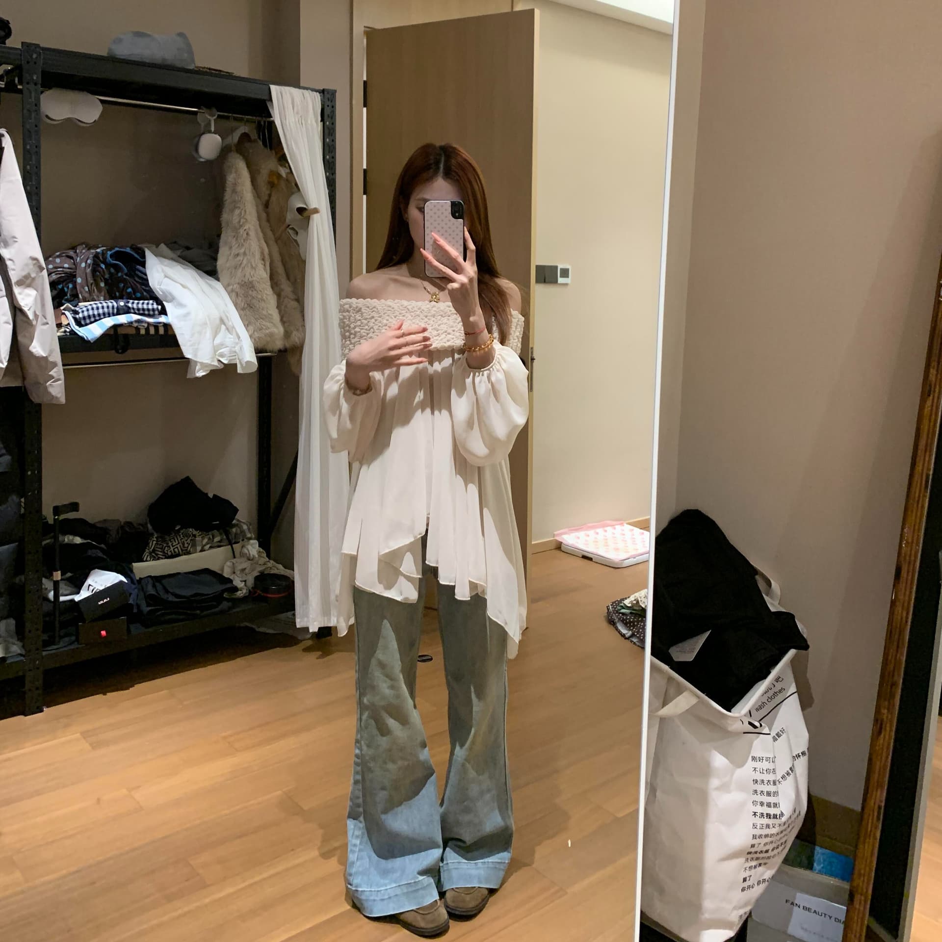 있음 선적 프릴 연인 디자인 센스 요정 달콤함 무거운 작업 주름 보트넥 오프숄더 쉬폰 블라우스 맨위 이미지 4