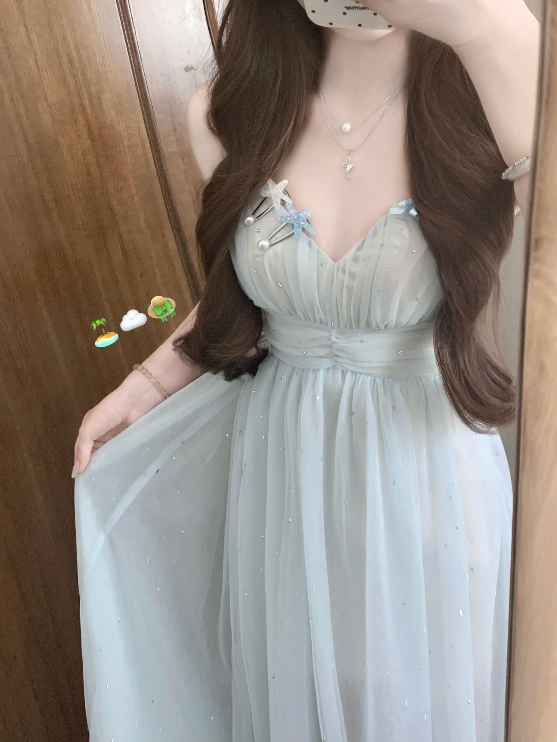있음 선적 파란색 망사 깨진 훈련 휴가 바람 슬립 드레스 여성 여름 해변가 여행 V넥 섹시함 한 마디 롱 스커트