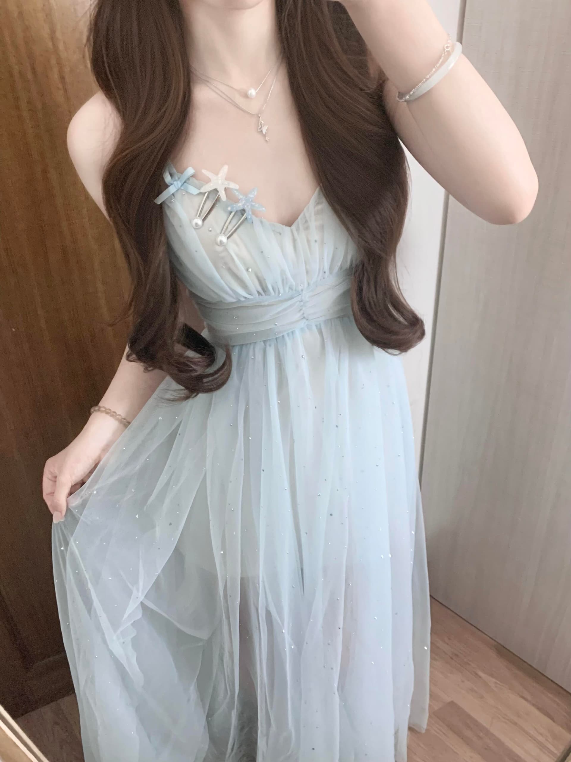 있음 선적 파란색 망사 깨진 훈련 휴가 바람 슬립 드레스 여성 여름 해변가 여행 V넥 섹시함 한 마디 롱 스커트 이미지 3
