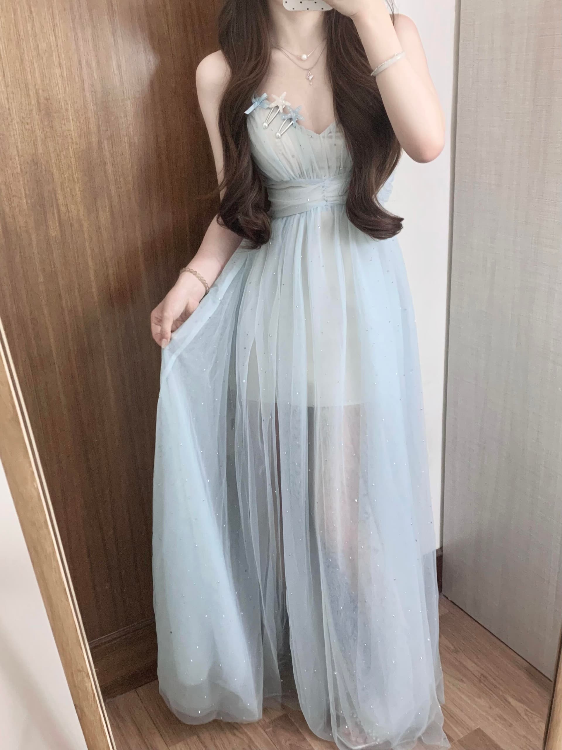 있음 선적 파란색 망사 깨진 훈련 휴가 바람 슬립 드레스 여성 여름 해변가 여행 V넥 섹시함 한 마디 롱 스커트 이미지 4