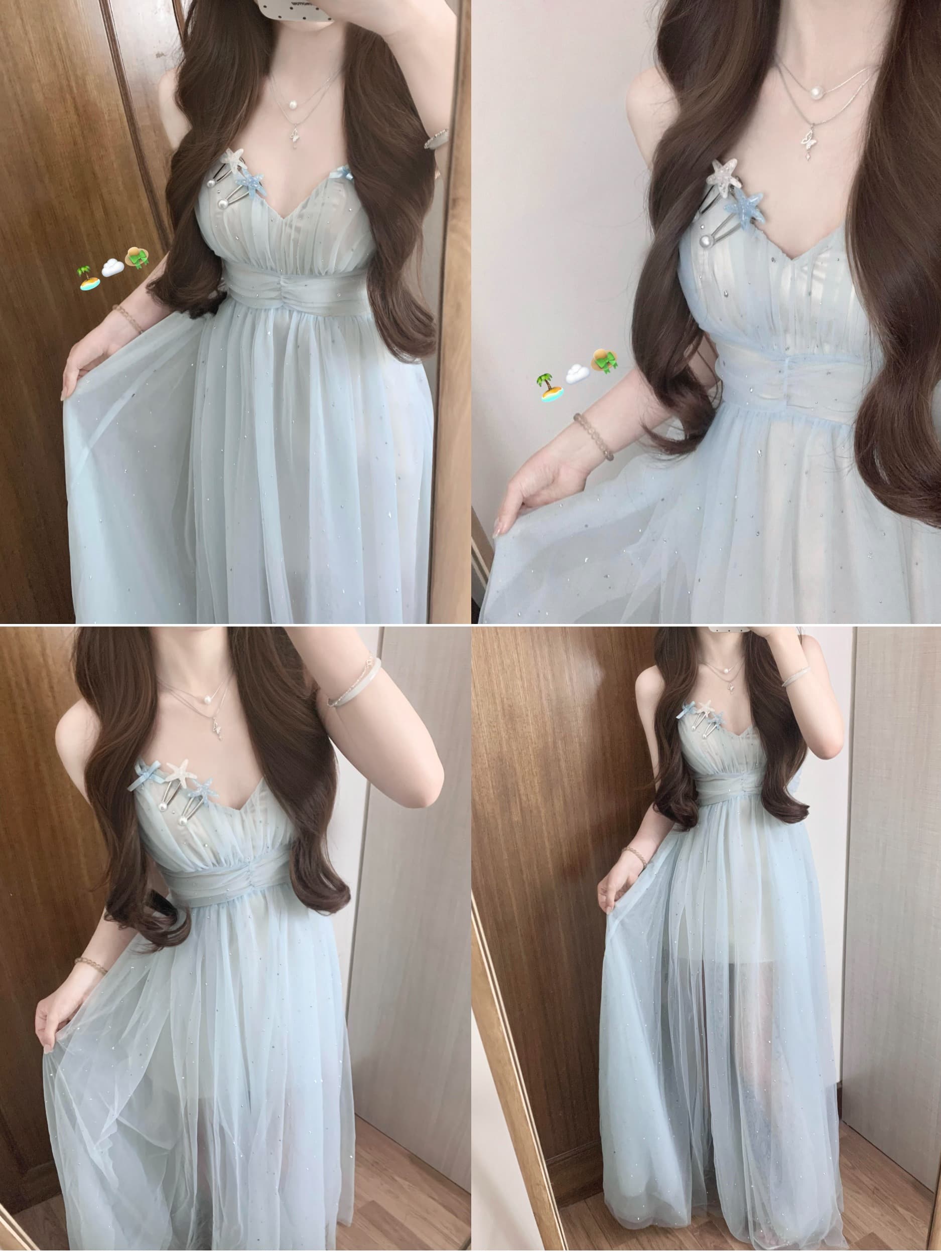 있음 선적 파란색 망사 깨진 훈련 휴가 바람 슬립 드레스 여성 여름 해변가 여행 V넥 섹시함 한 마디 롱 스커트 상세 이미지 1