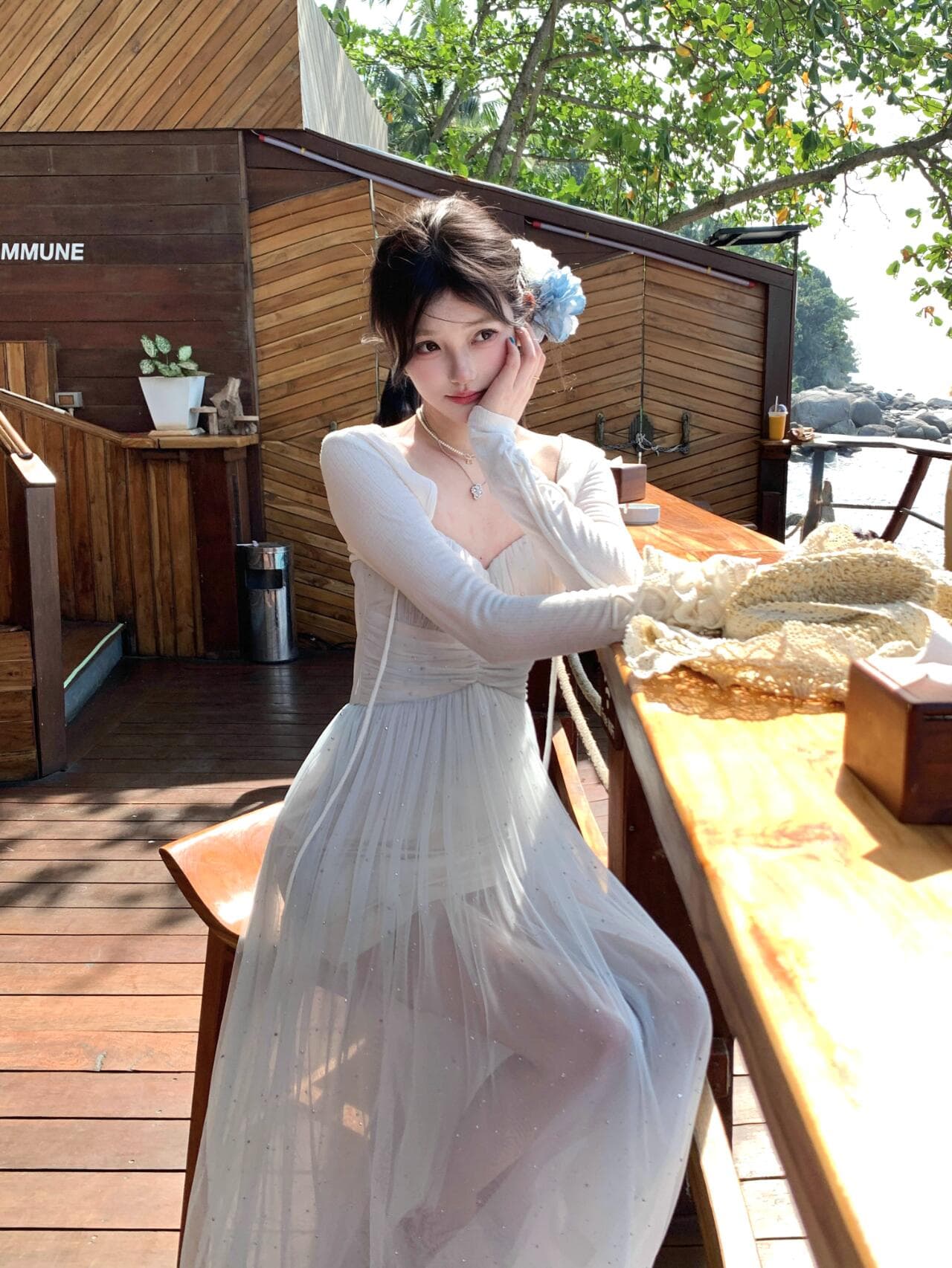 있음 선적 파란색 망사 깨진 훈련 휴가 바람 슬립 드레스 여성 여름 해변가 여행 V넥 섹시함 한 마디 롱 스커트 이미지 4