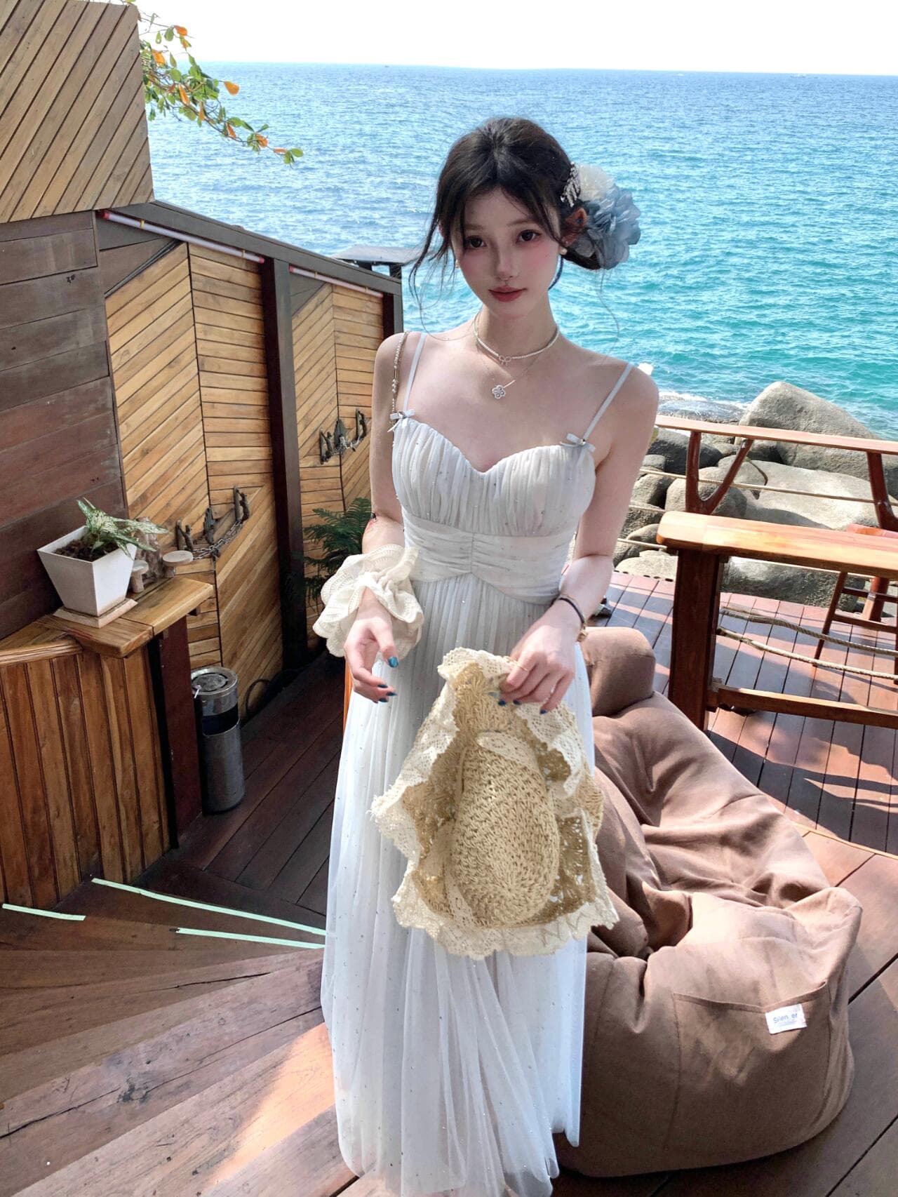 있음 선적 파란색 망사 깨진 훈련 휴가 바람 슬립 드레스 여성 여름 해변가 여행 V넥 섹시함 한 마디 롱 스커트 상세 이미지 7
