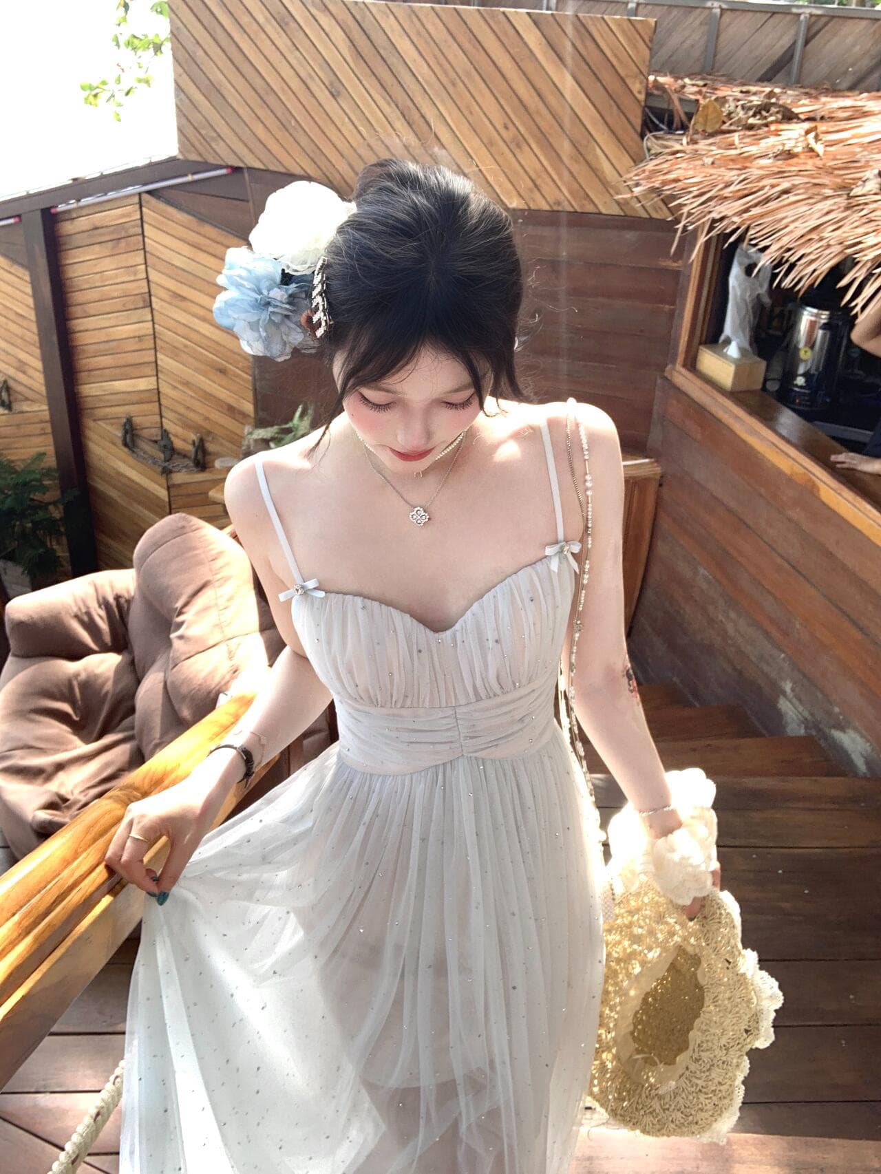 있음 선적 파란색 망사 깨진 훈련 휴가 바람 슬립 드레스 여성 여름 해변가 여행 V넥 섹시함 한 마디 롱 스커트 상세 이미지 8