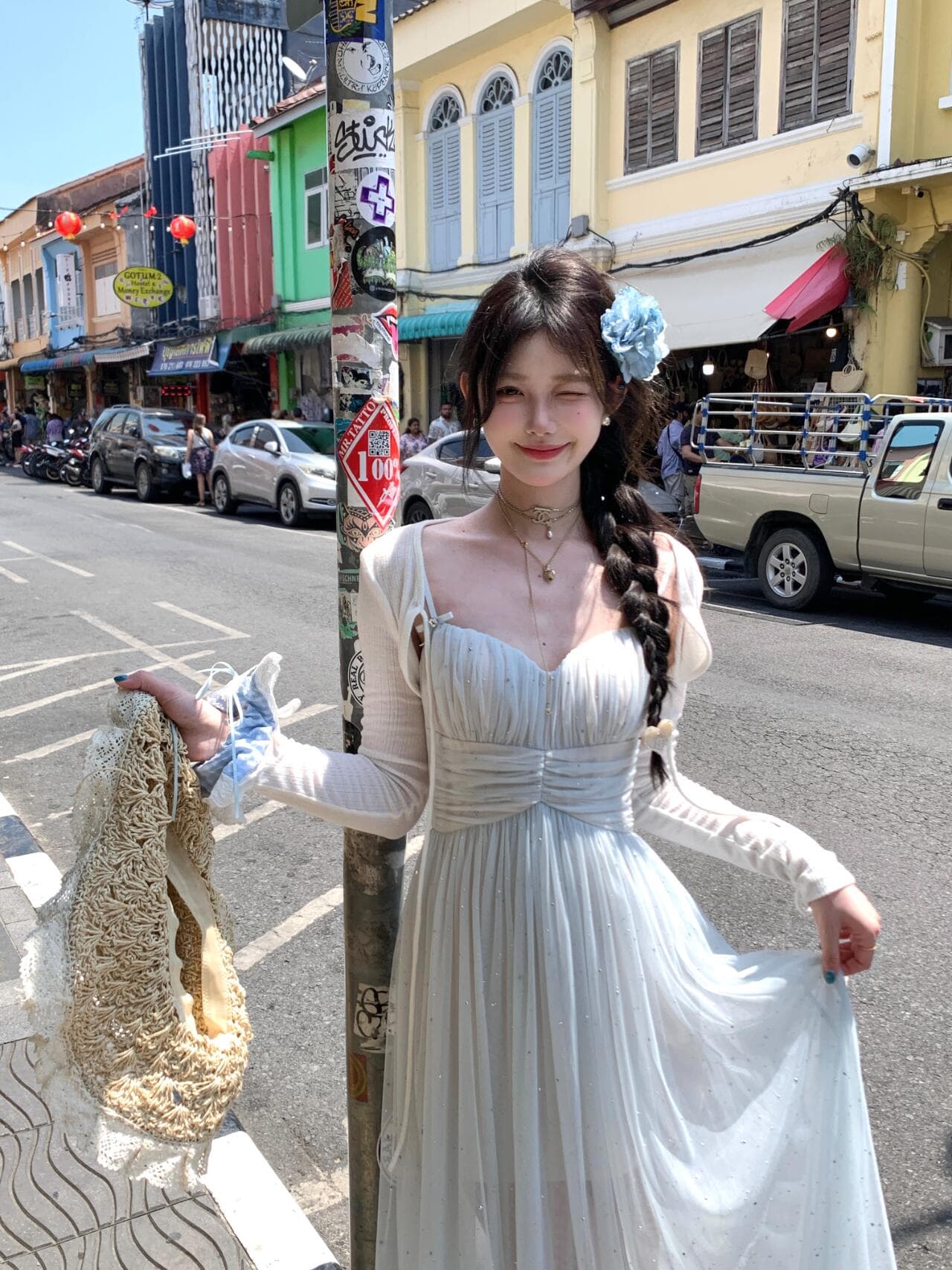 있음 선적 파란색 망사 깨진 훈련 휴가 바람 슬립 드레스 여성 여름 해변가 여행 V넥 섹시함 한 마디 롱 스커트 상세 이미지 12
